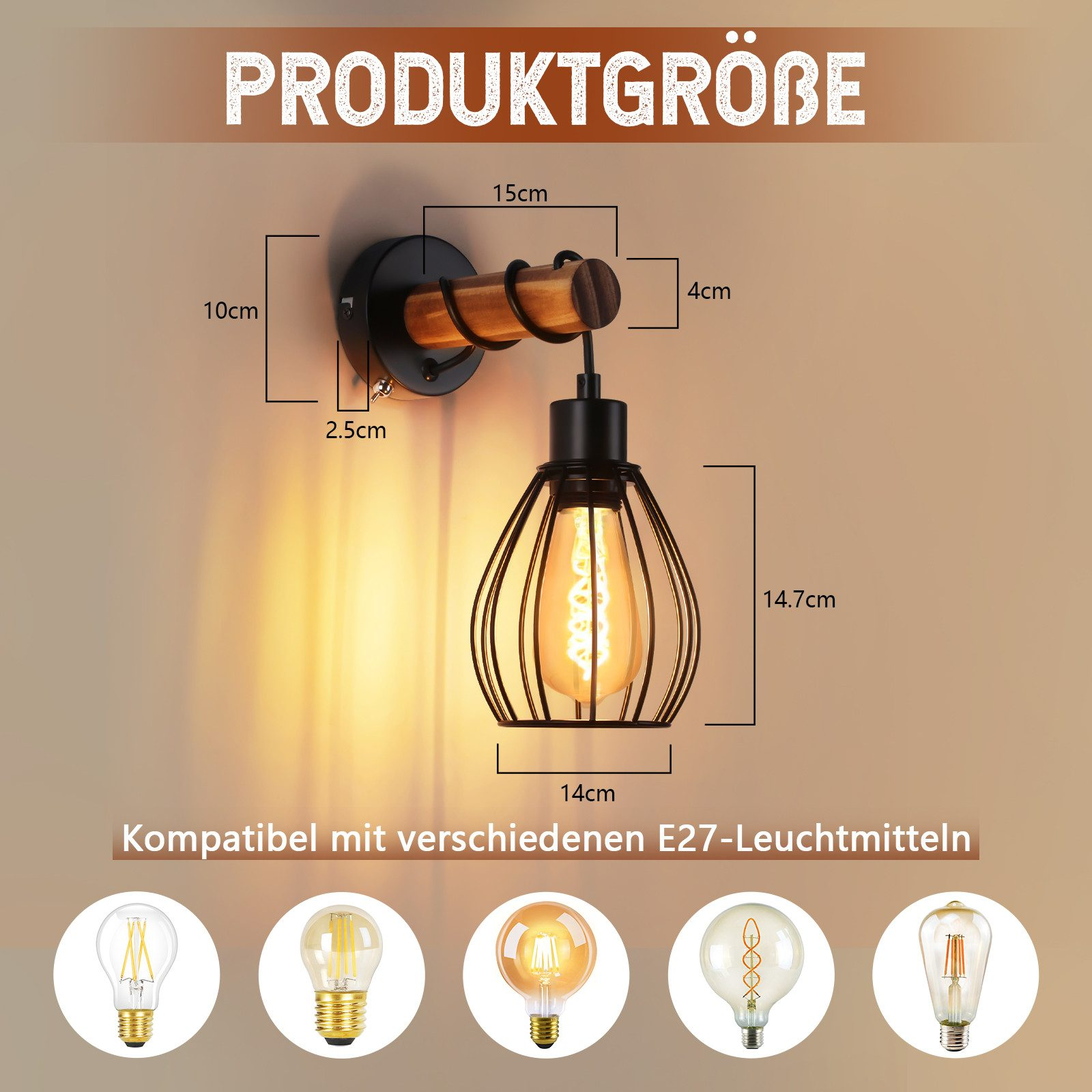 Una lampada da parete con dettagli in legno e metallo nero, e una lampadina con gabbia. Il testo indica le dimensioni del prodotto e le lampadine compatibili.