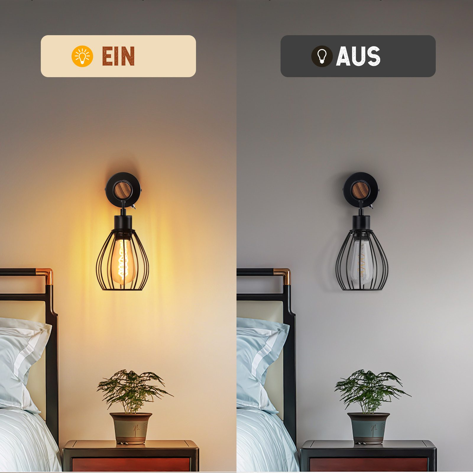 L'immagine mostra una lampada da parete accesa e spenta, con un letto e una pianta. A sinistra, la lampada è accesa; a destra, è spenta.