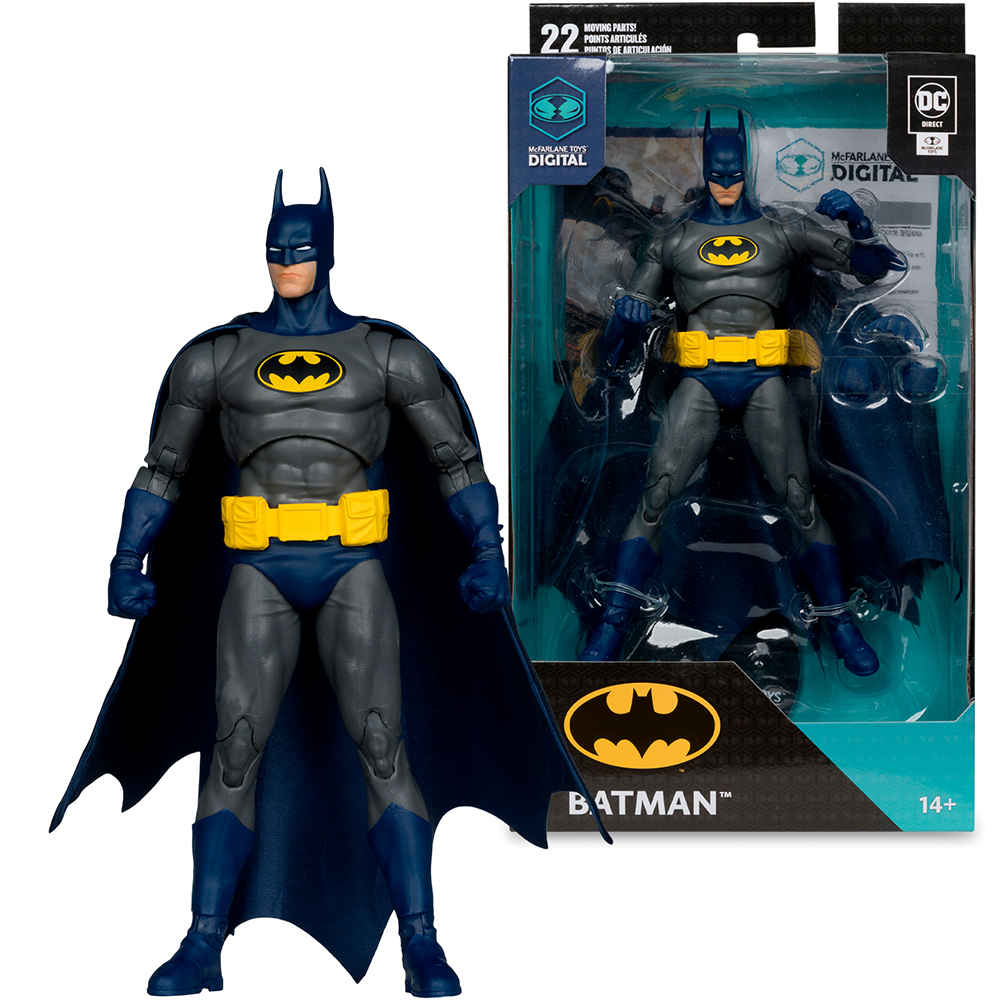 Action figure di Batman. Abito grigio e blu, cintura gialla e simbolo del pipistrello. Confezionato con una figura duplicata. DC Comics.