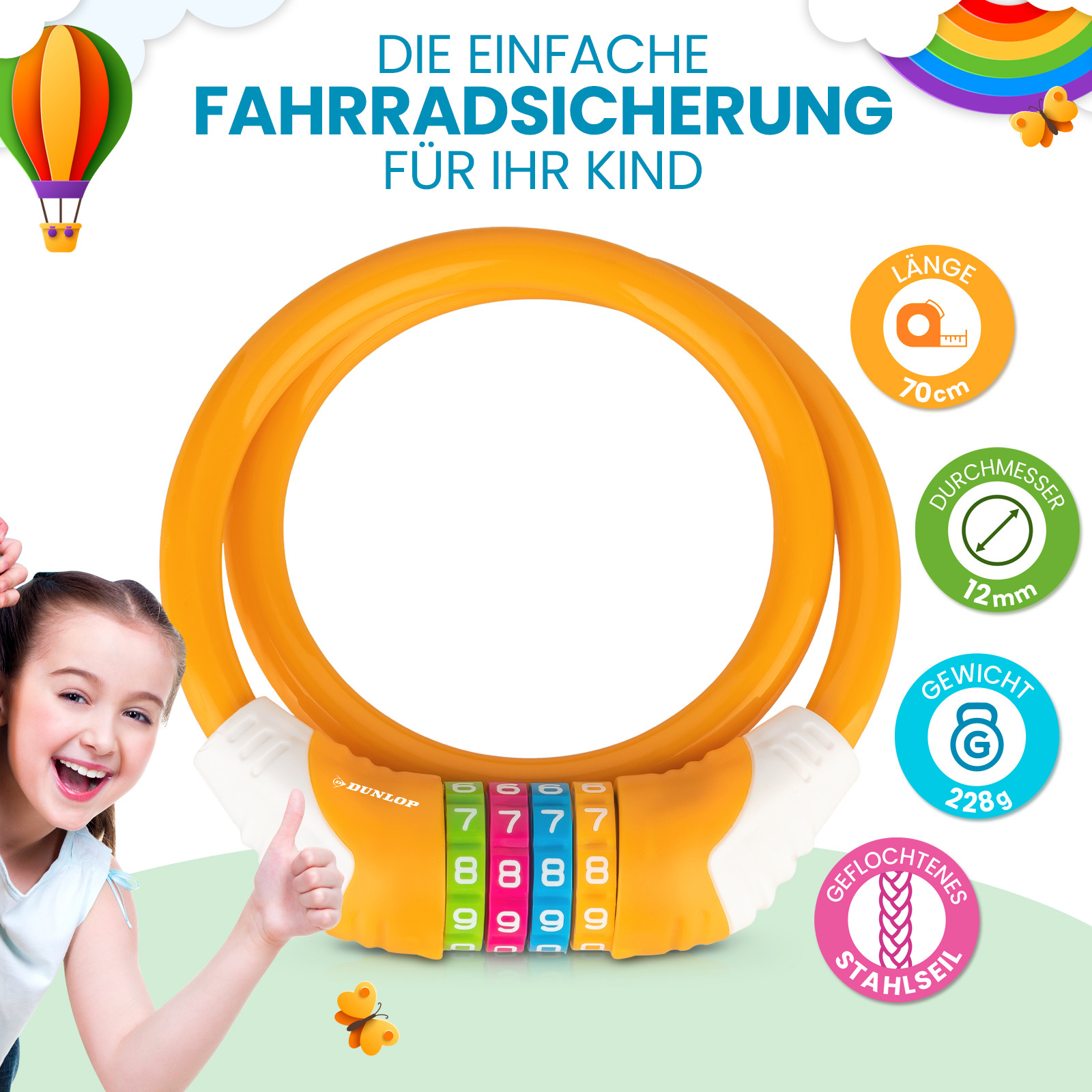 Ein oranges Fahrradschloss mit Zahlenscheiben, ein Mädchen gibt einen Daumen hoch und Text auf Deutsch über Kindersicherheit.