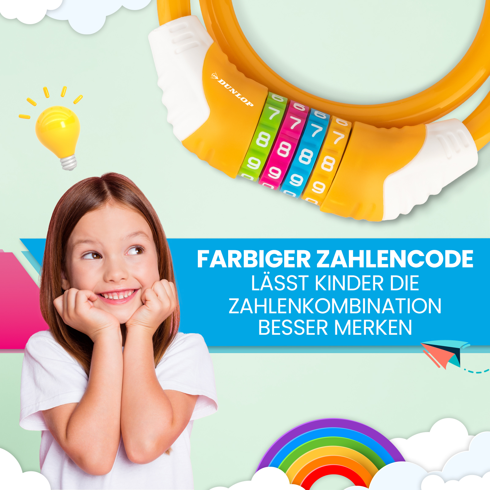 Ein lächelndes Mädchen blickt nach oben. Ein gelbes Schloss, bunte Zahlen und eine Glühbirne sind im Bild. Regenbogen und Text im Hintergrund.