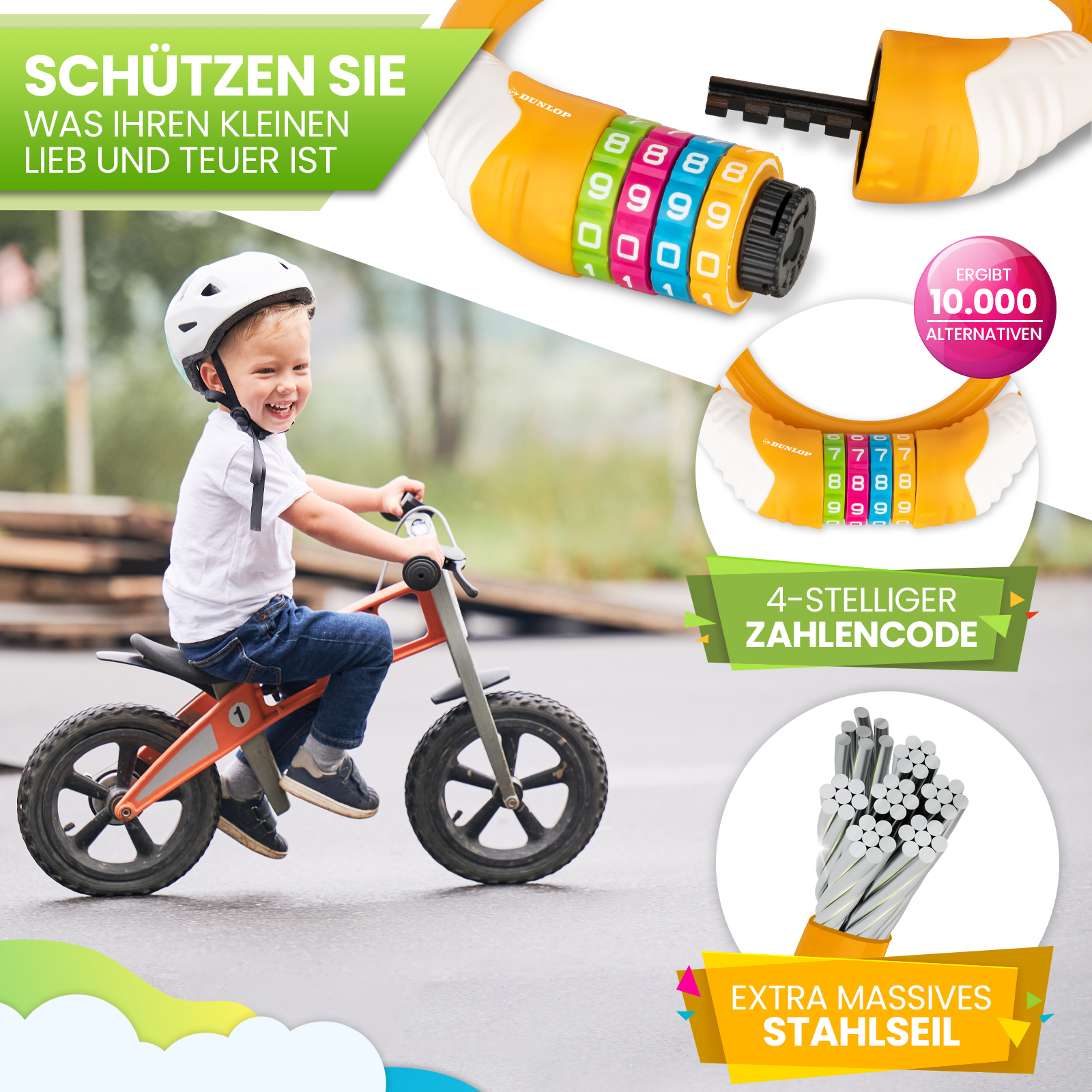 Ein lächelnder Junge auf einem Fahrrad, mit Zahlenschloss und Kabel. Text: Schützen Sie, was Ihnen lieb und teuer ist.