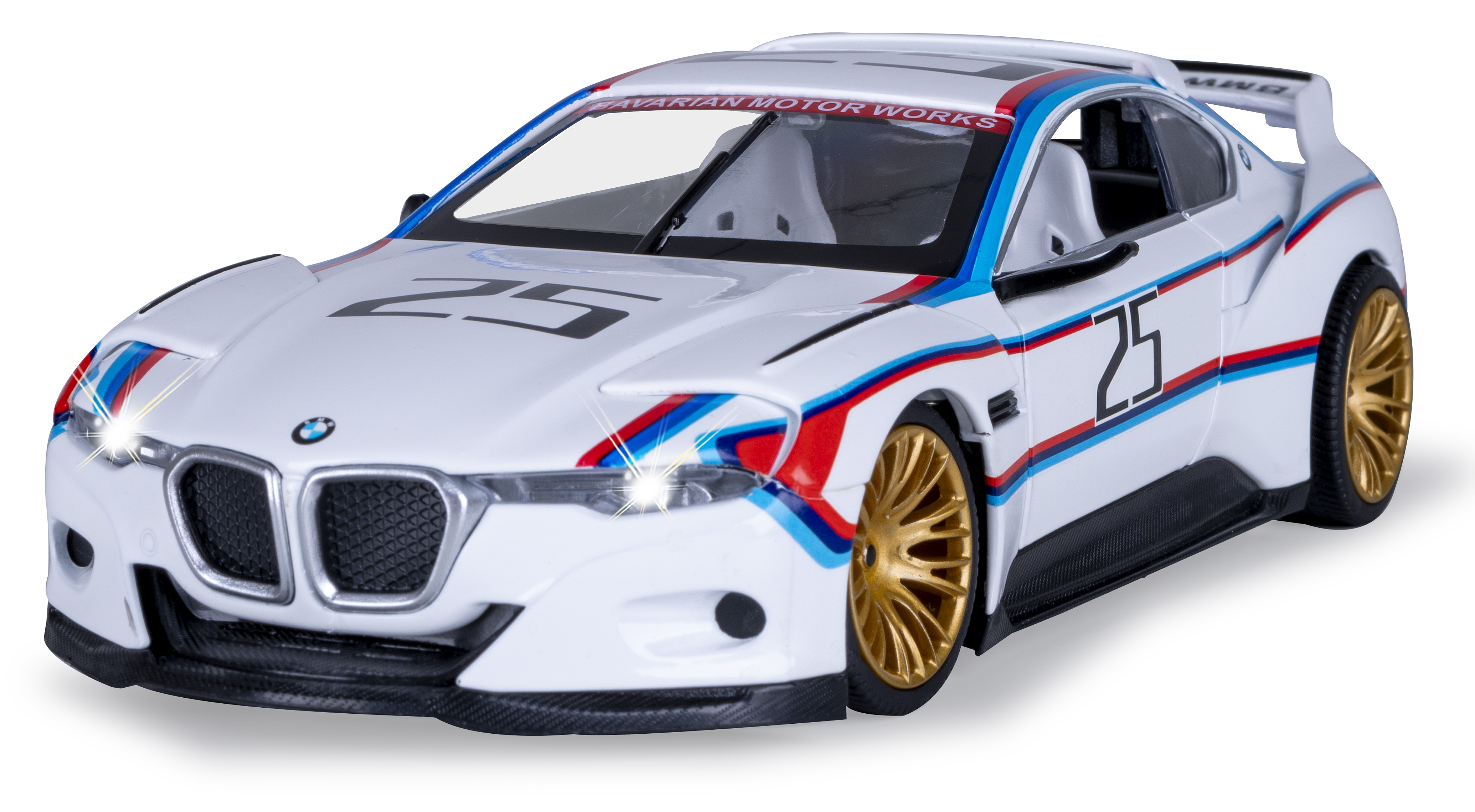 Weißes BMW-Rennwagen-Spielzeug mit blau-roten Streifen, goldenen Rädern und der Nummer 25. Das Auto steht auf einer weißen Oberfläche.