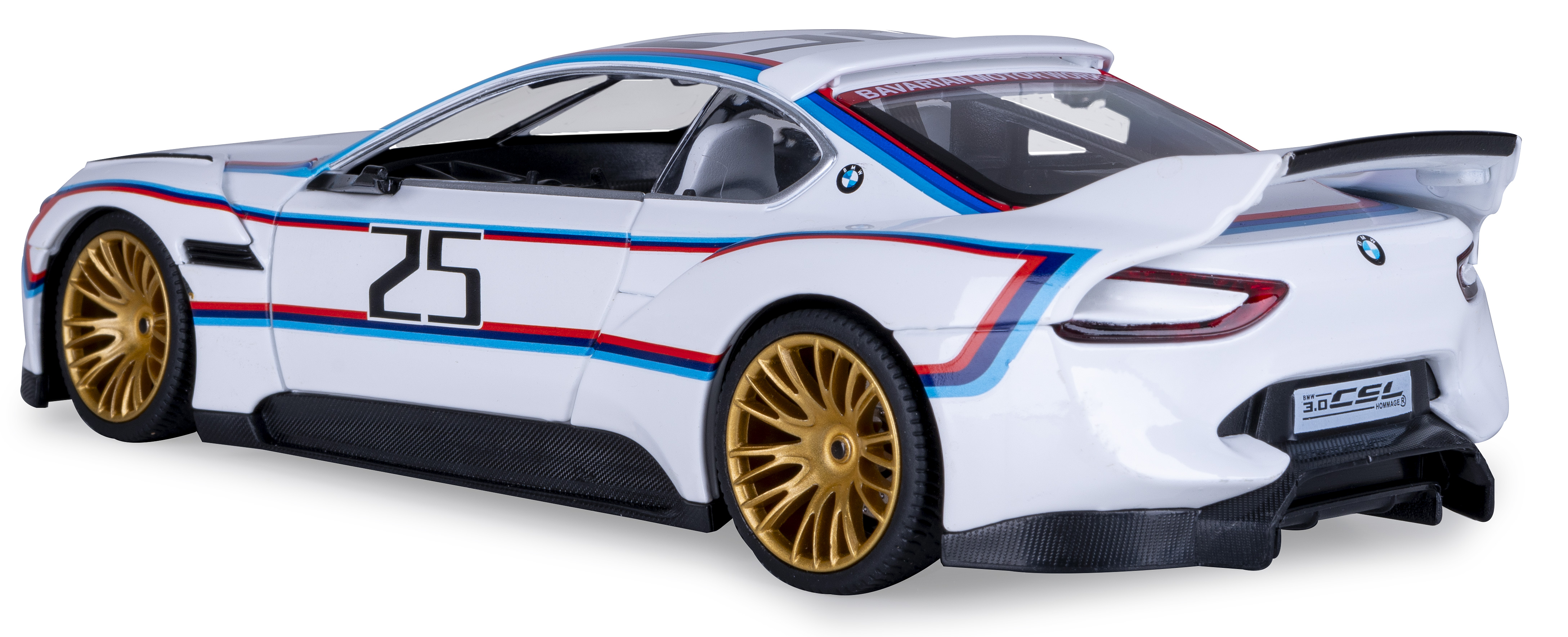 Weißes BMW-Rennauto mit goldenen Rädern, der Nummer 25 und rot-blau-weißen Streifen. Heckflügel und CSL-Emblem.