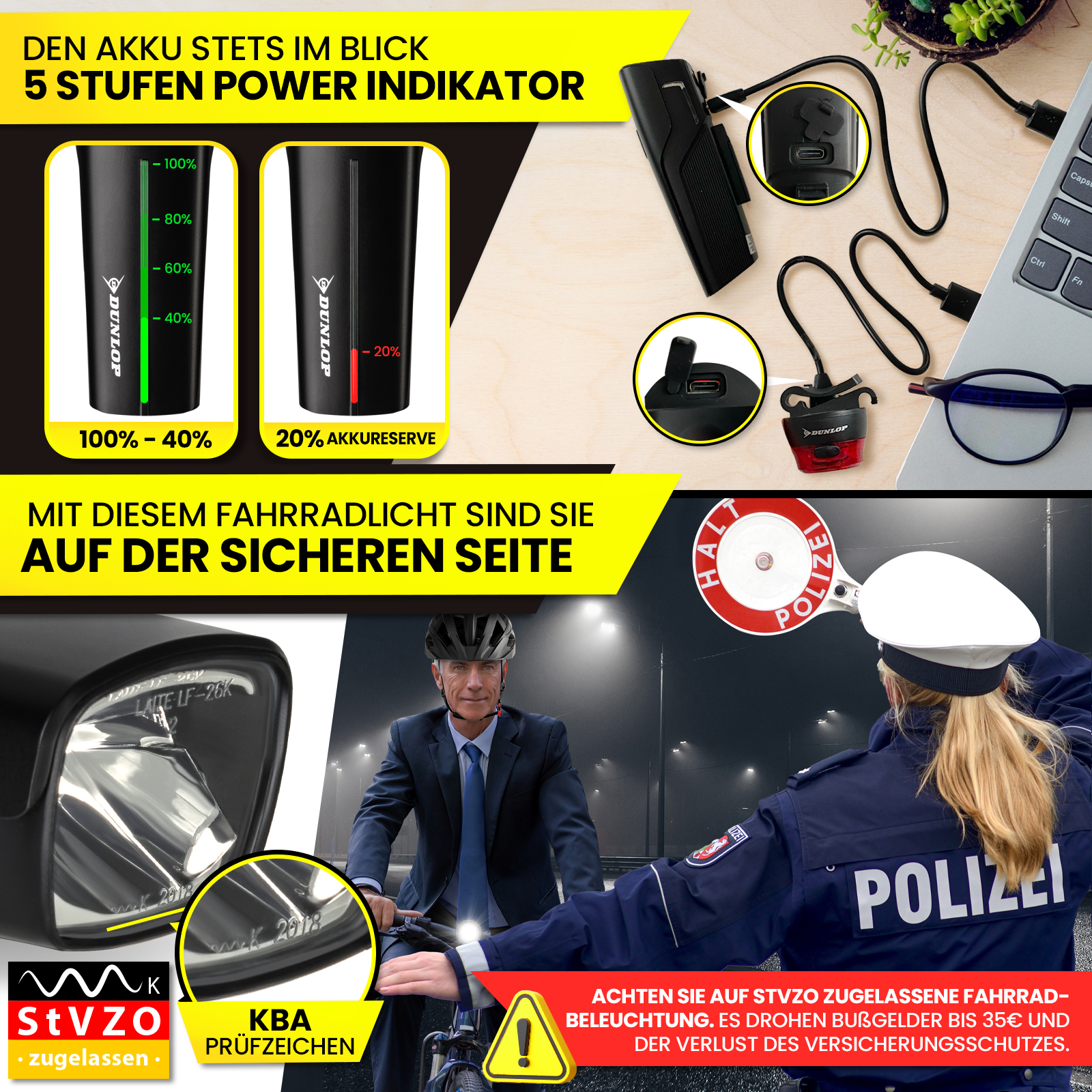 Werbung zeigt Fahrradlicht, Batterieanzeigen, Radfahrer und Polizistin mit Stoppschild.