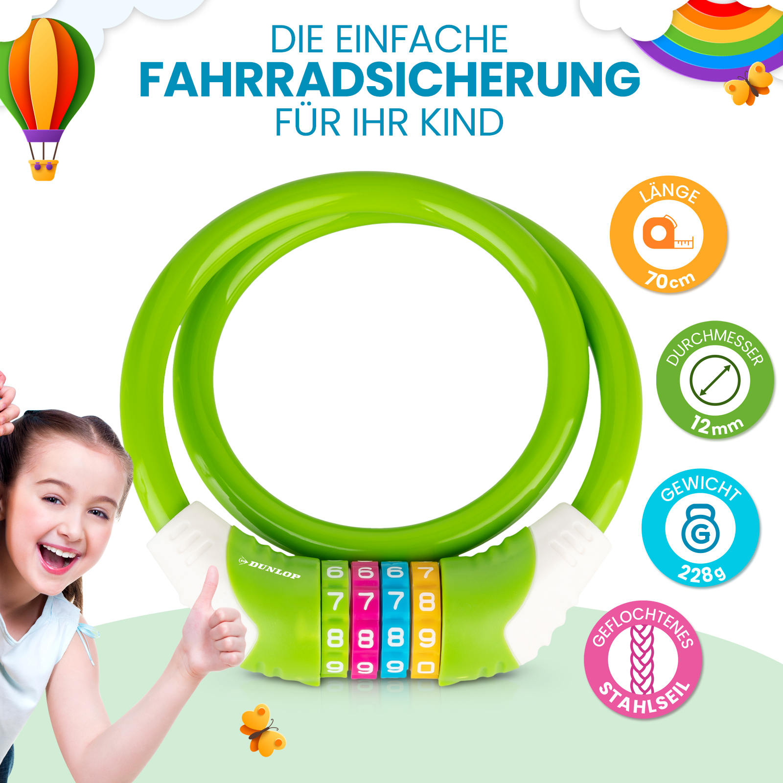 Grünes Fahrradschloss mit Zahlenschloss. Ein Mädchen gibt einen Daumen hoch. Text enthält Produktdetails und einen Heißluftballon.
