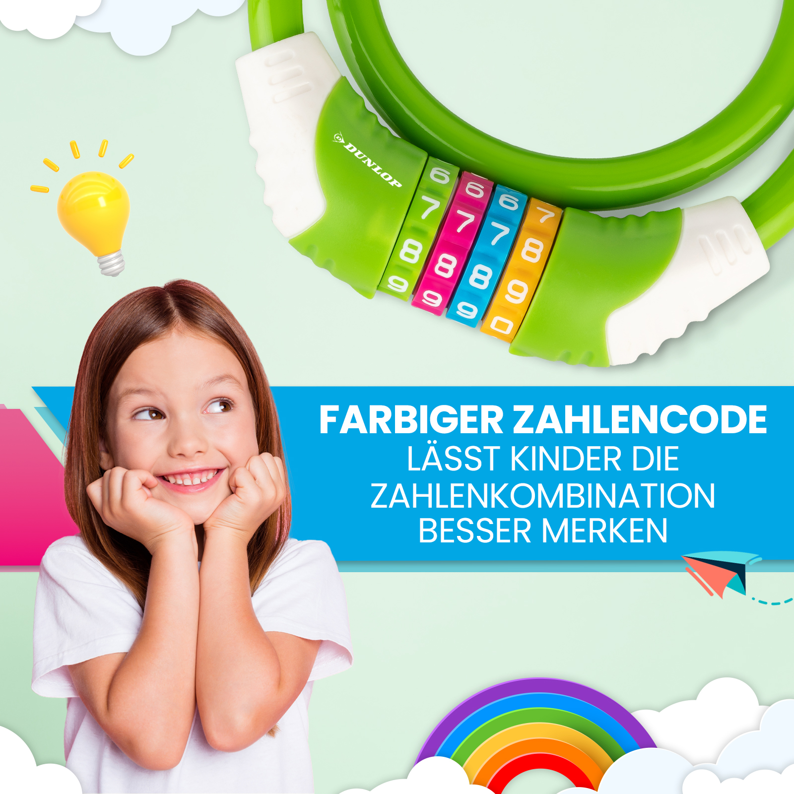 Ein Mädchen blickt auf ein grünes Fahrradschloss mit bunten Zahlen. Eine gelbe Glühbirne und ein Regenbogen sind ebenfalls sichtbar.