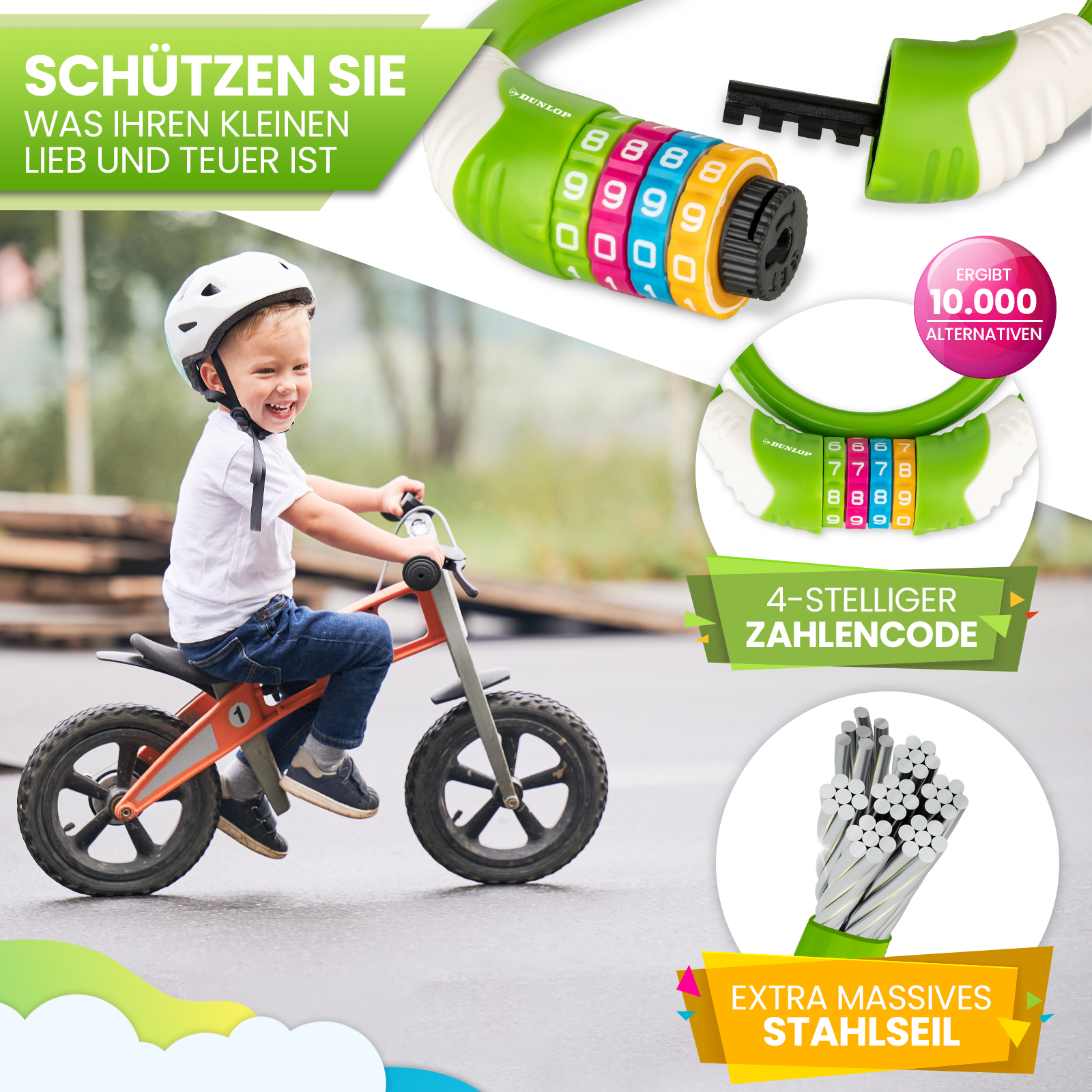 Ein Kind auf einem orangefarbenen Fahrrad lächelt. Fahrradschloss und Stahlseil werden gezeigt. Text: Schützen Sie, was Ihnen lieb und teuer ist.