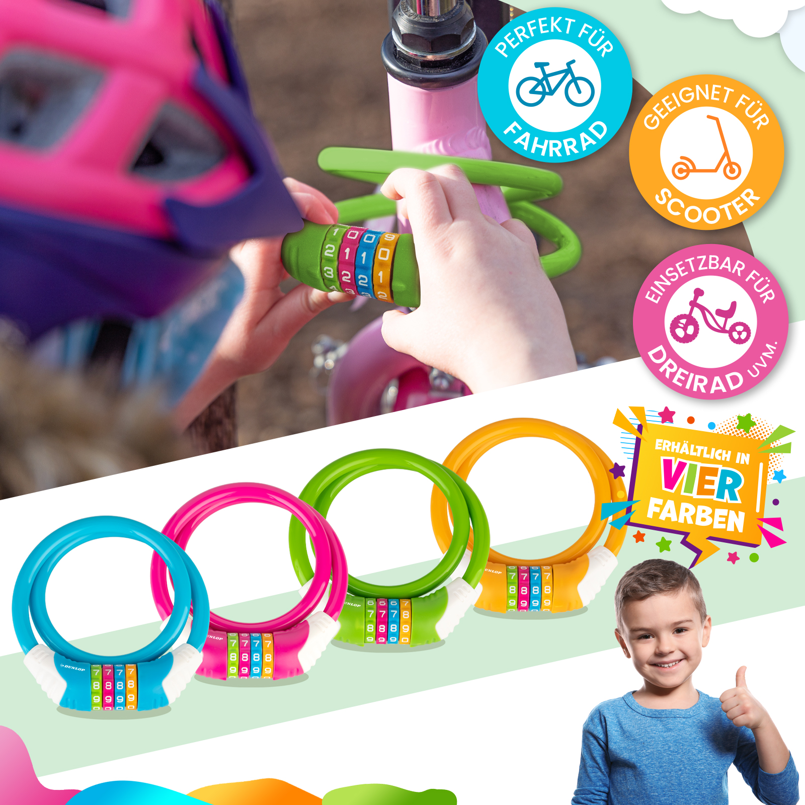 Kinderhände bedienen ein grünes Zahlenschloss an einem Fahrrad. Andere Schlösser in Blau, Rosa, Grün und Orange werden ebenfalls gezeigt.