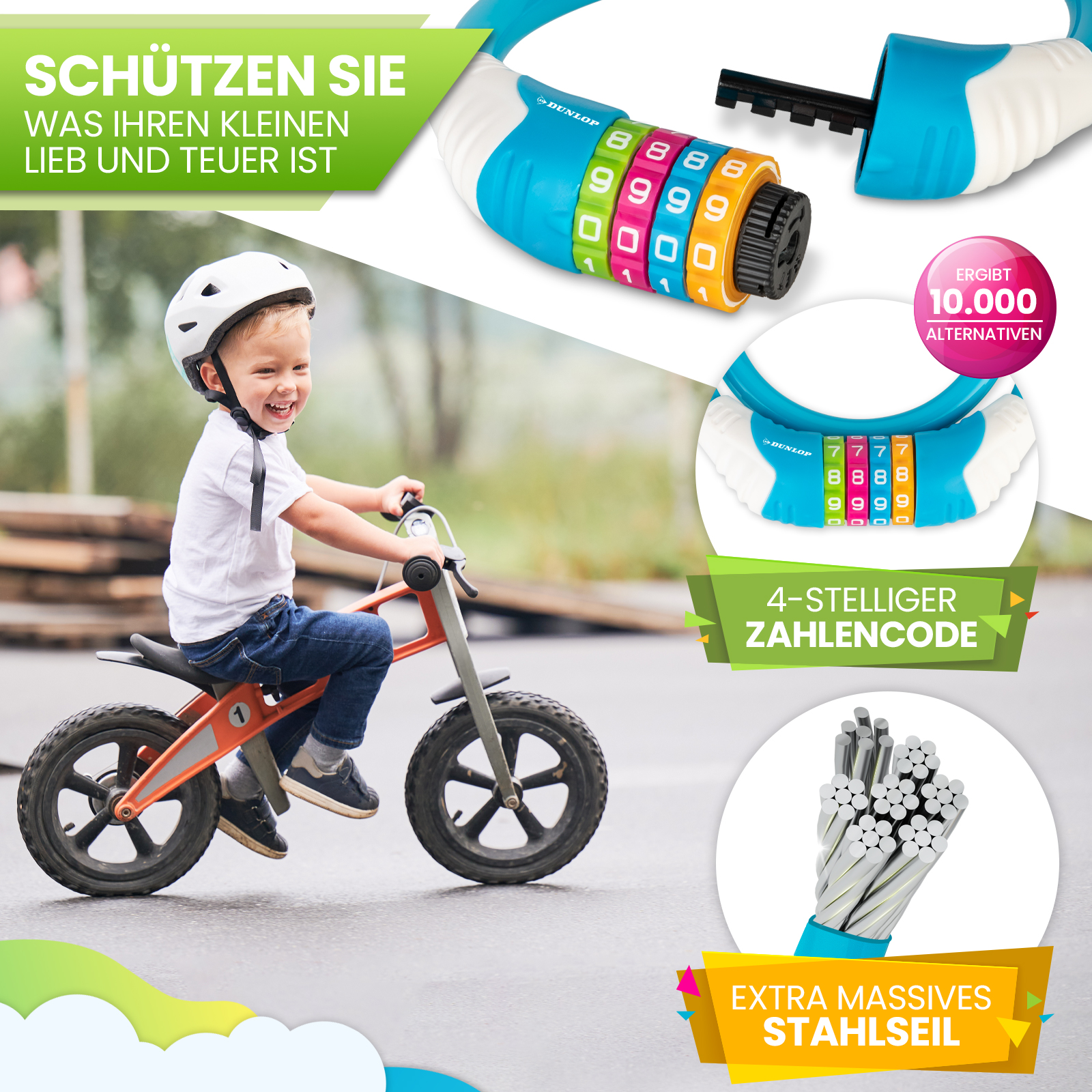 Ein Kind auf einem orangefarbenen Laufrad mit weißem Helm. Ein blaues und weißes Schloss mit Zahlenrädern sind sichtbar.