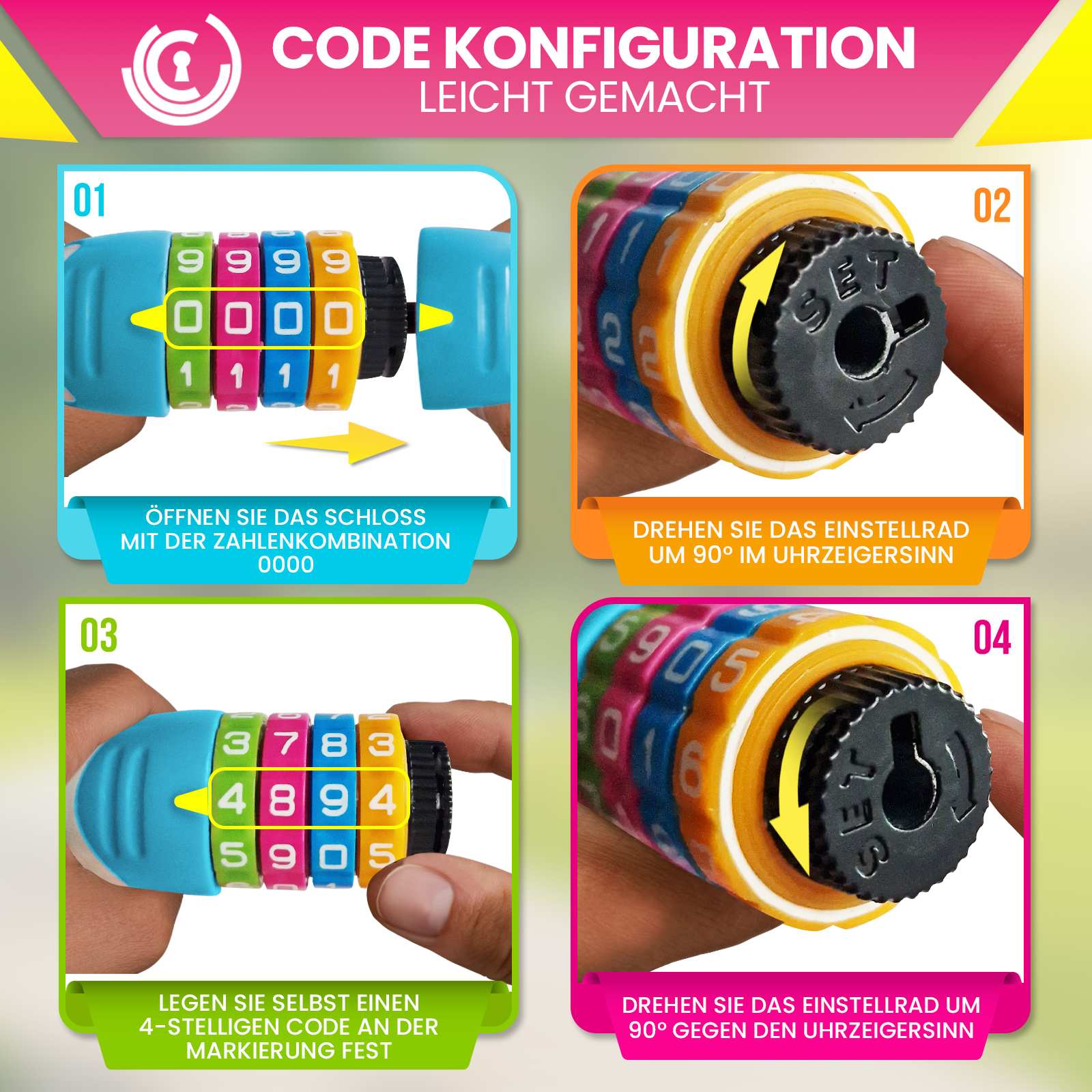 Anleitung zum Einstellen eines Codeschlosses. Es zeigt die Schritte: Öffnen, Rad drehen, Code einstellen und Rad erneut drehen.