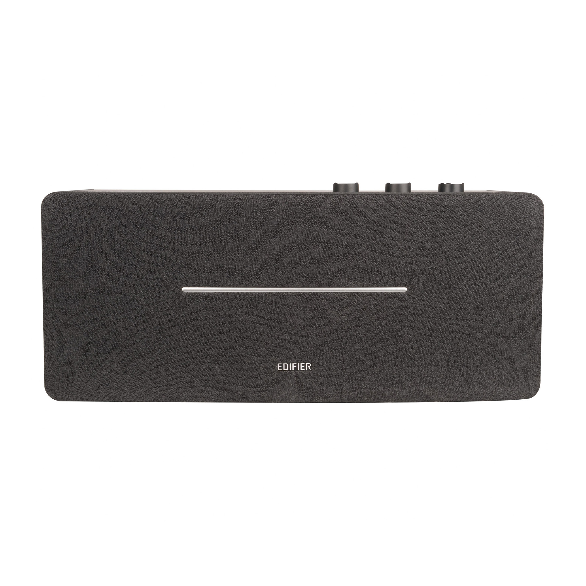 Czarny głośnik z trzema pokrętłami i srebrną linią. Nazwa marki 'EDIFIER' widoczna na dole.