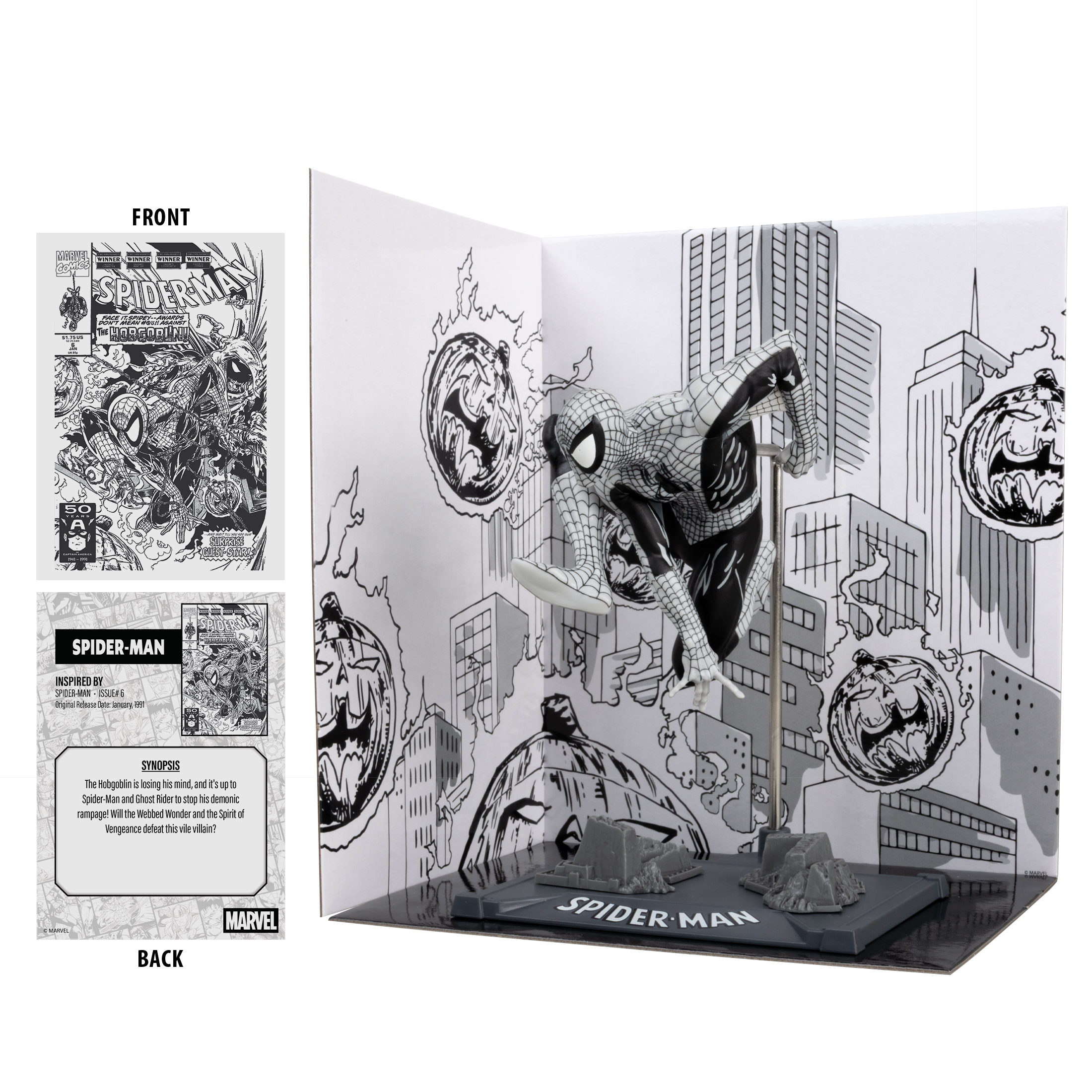 Statuina di Spider-Man in un diorama a fumetti. Include copertina del fumetto, carta personaggio e sfondo della città.