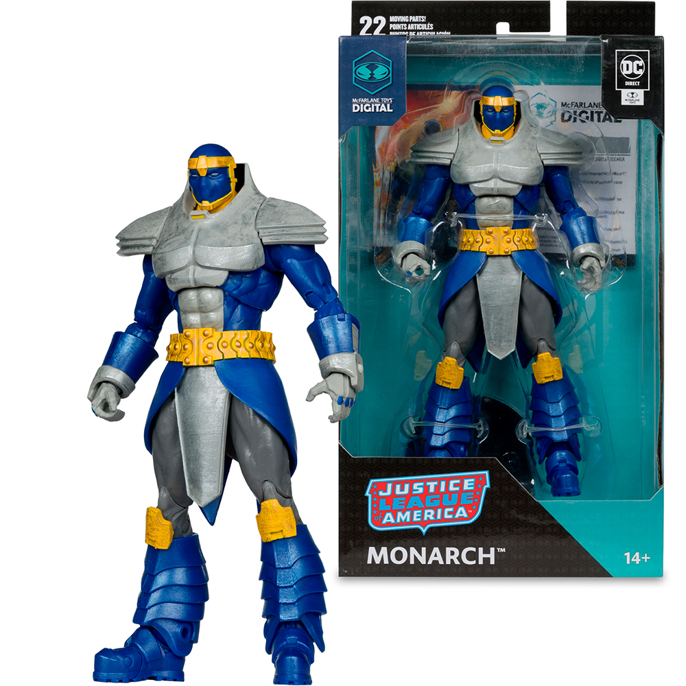 Una action figure di Monarch è accanto alla sua confezione. La figura è blu, argento e oro. La confezione dice Justice League of America Monarch.