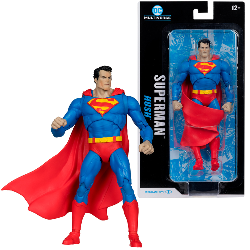 Action figure di Superman in costume blu con mantello rosso e logo. È visibile anche la figura confezionata.