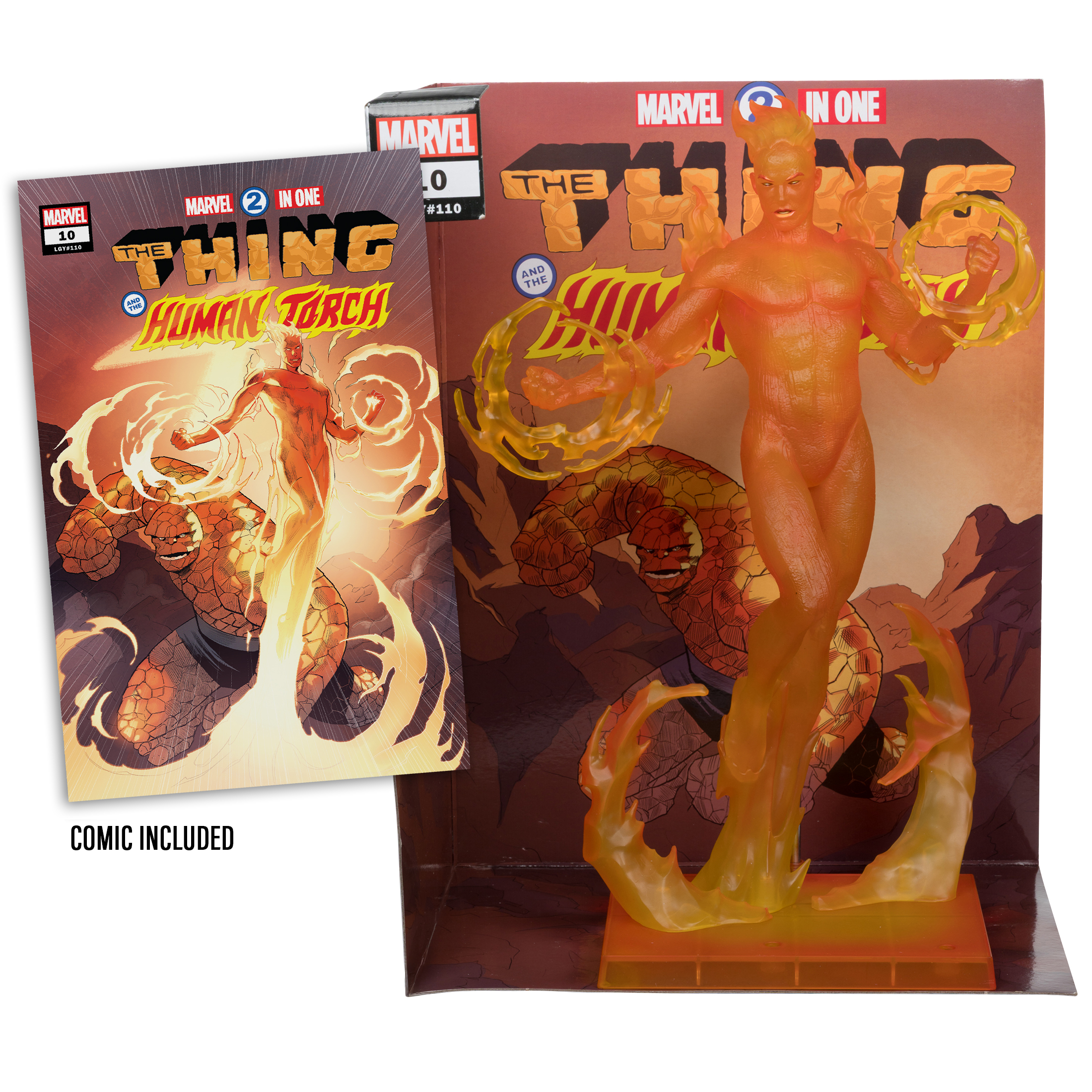 Una statuetta di Human Torch è esposta con un fumetto. La statuetta è arancione e traslucida, con fiamme. Il fumetto mostra Human Torch e la Cosa.
