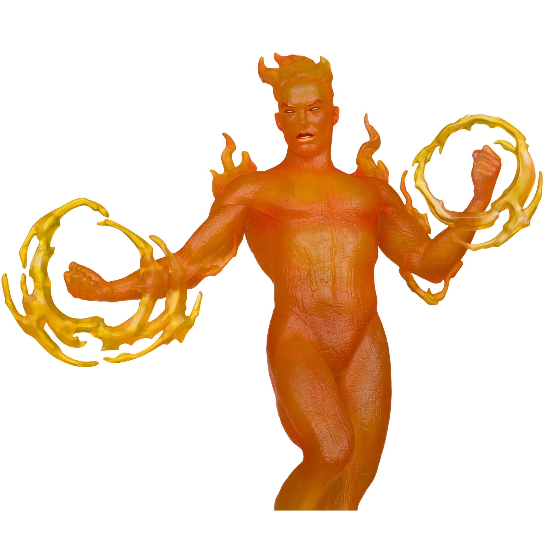 Una figura arancione traslucida di un uomo con fiamme. Ha una testa infuocata ed è circondato da energia di fiamma gialla.