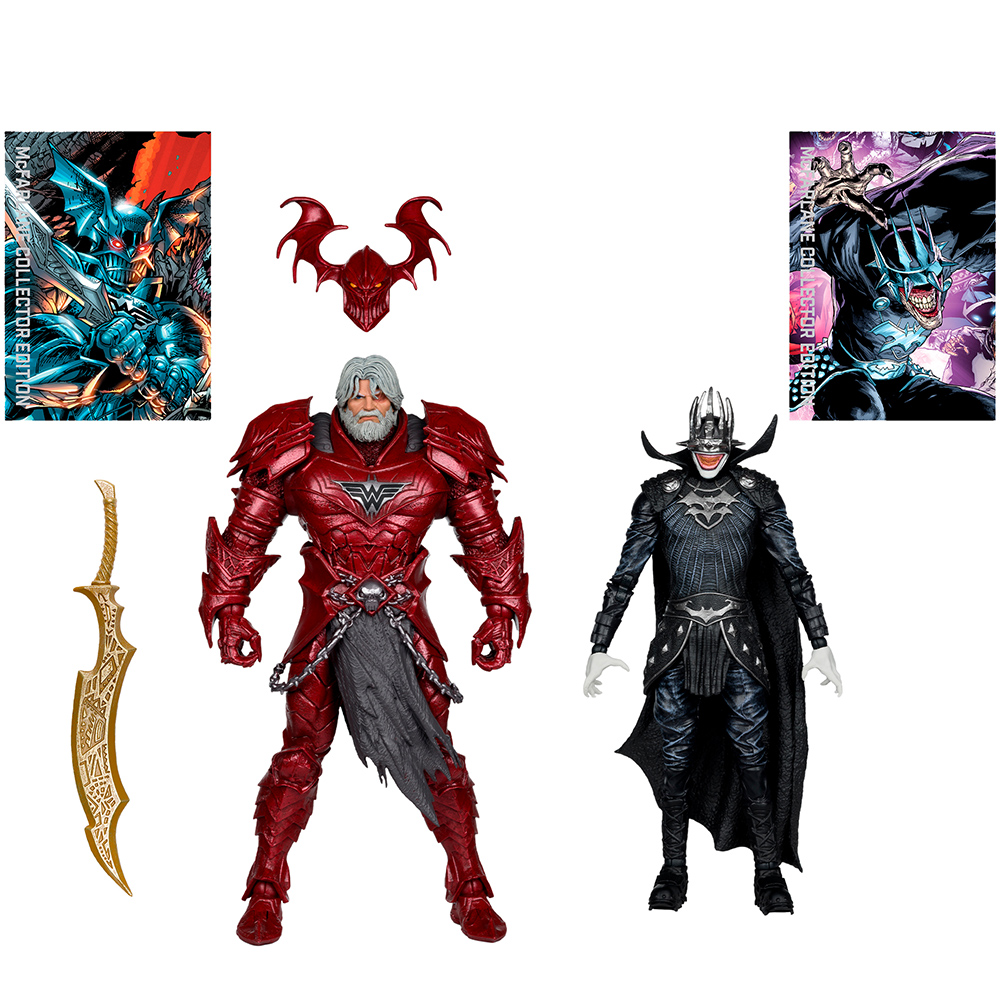 Due action figure di supereroi e due copertine di fumetti. Una figura è rossa con barba bianca, l'altra è nera. A sinistra c'è una spada d'oro.