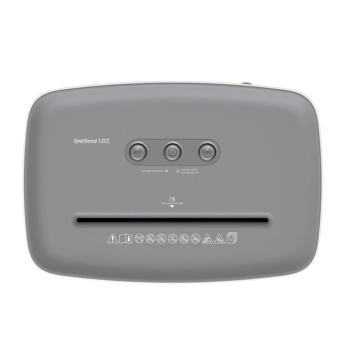 Szara niszczarka do papieru z trzema przyciskami: REV, FWD i zasilania. Posiada szczelinę na papier i symbole bezpieczeństwa.