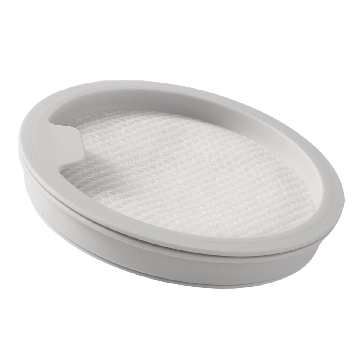 Un filtre gris ovale avec une maille blanche à l'intérieur. Le filtre a un bord surélevé et une petite encoche sur le côté.