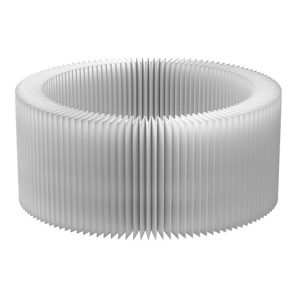 Une structure blanche en forme d'anneau avec un design plissé. La structure est composée de nombreuses pièces triangulaires verticales.