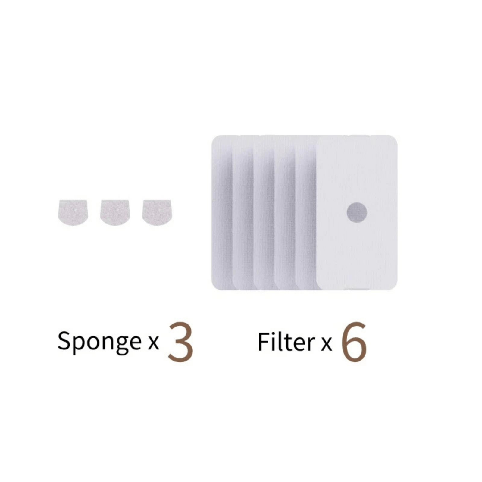 Das Bild zeigt 3 kleine Schwämme und 6 Filter. Text darunter beschriftet sie. Filter sind rechteckig, Schwämme U-förmig.