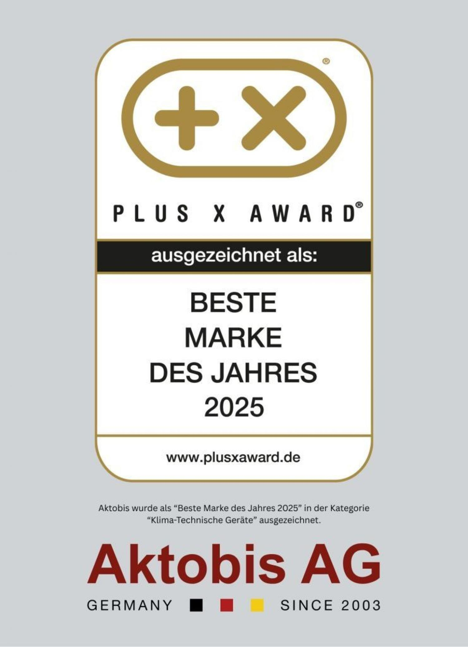 Auszeichnung für Aktobis AG, Beste Marke des Jahres 2025. Gold-weißes Logo mit Plus und X. Text auf Deutsch.