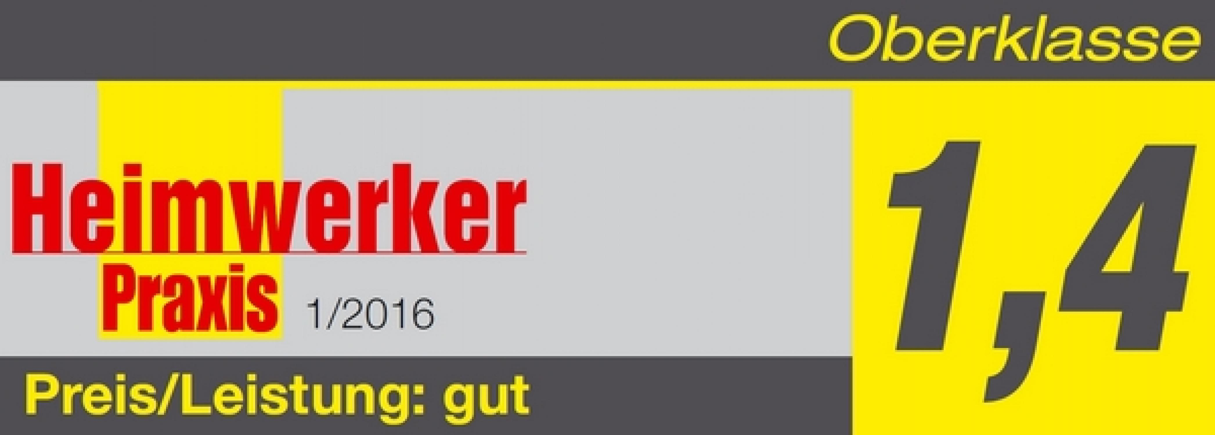 Das Bild zeigt ein Zeitschriften-Cover. Es enthält deutschen Text, darunter 'Heimwerker Praxis' und eine Bewertung von '1,4'.