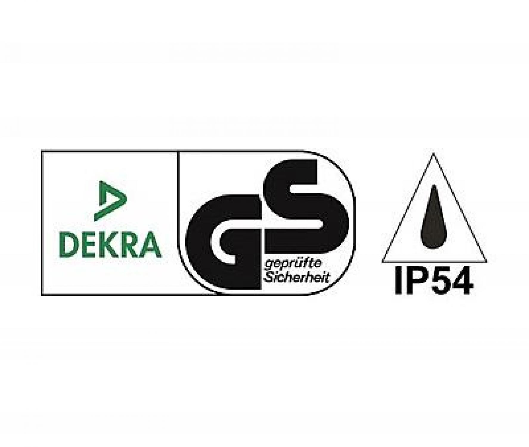 Logo mit DEKRA-, GS-Zeichen und IP54-Symbol. DEKRA ist grün, GS ist schwarz und IP54 ist schwarz in einem weißen Dreieck.