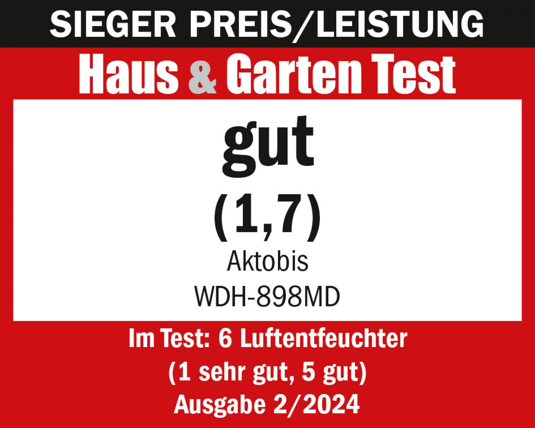 Das Bild zeigt ein Testergebnis für 'Haus & Garten Test' mit der Bewertung 'gut' (1,7). Es enthält Text über 6 Luftentfeuchter und das Ausgabedatum.