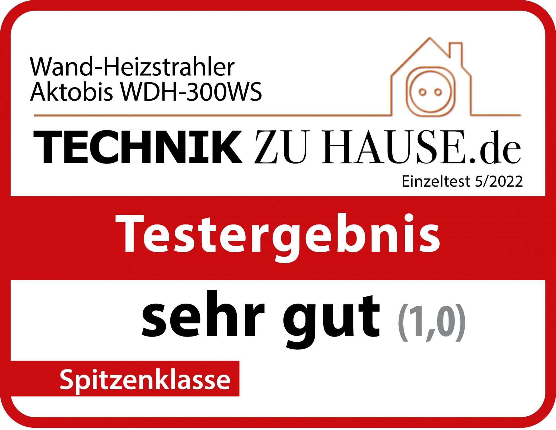 Eine rot-weiße Grafik mit deutschem Text. Sie bewirbt einen Heizlüfter mit der Bewertung "sehr gut" und einem Haus-Symbol.