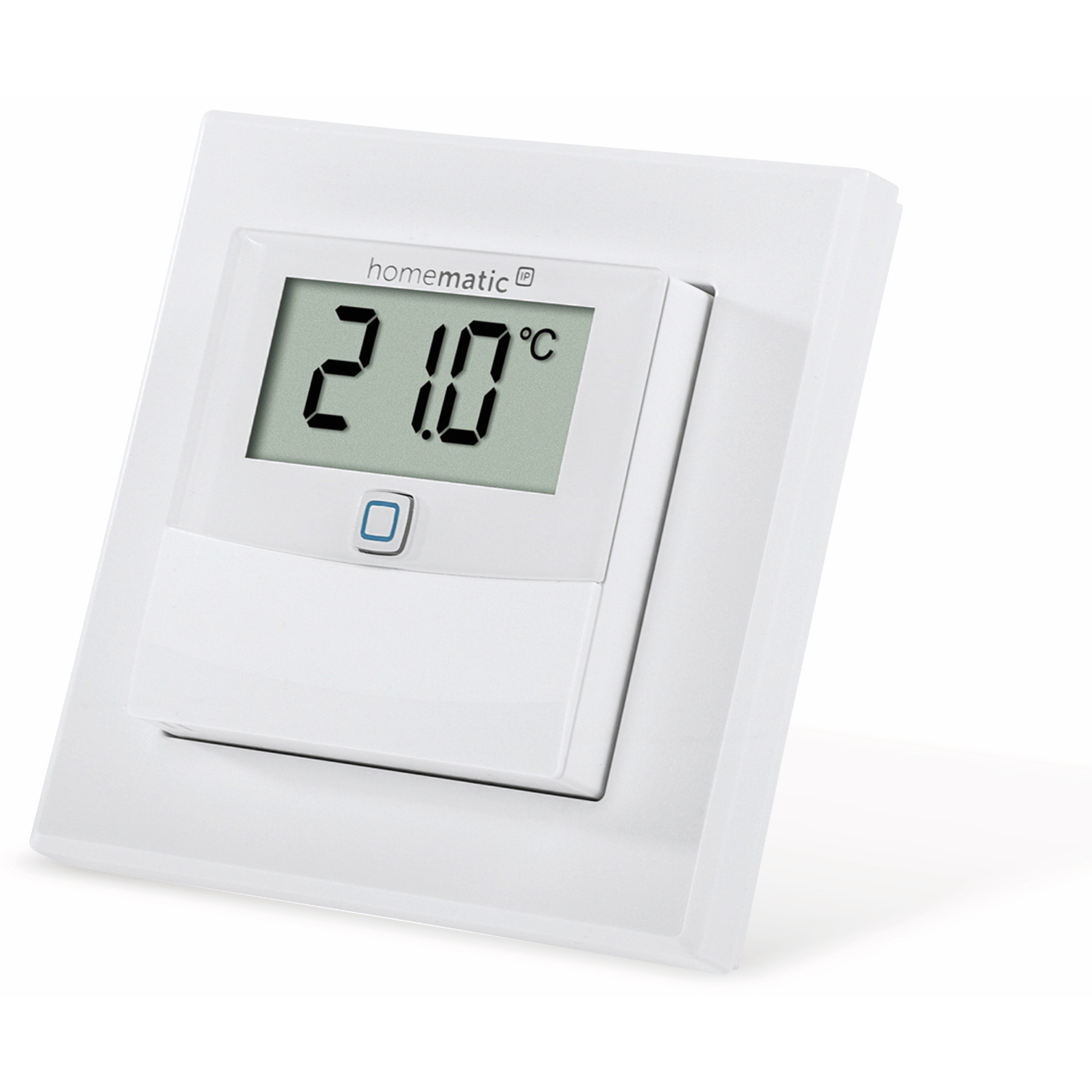 Ein weißes Homematic-Thermostat zeigt 21,0 °C an. Es hat eine quadratische Taste und ist auf einer weißen Platte montiert.