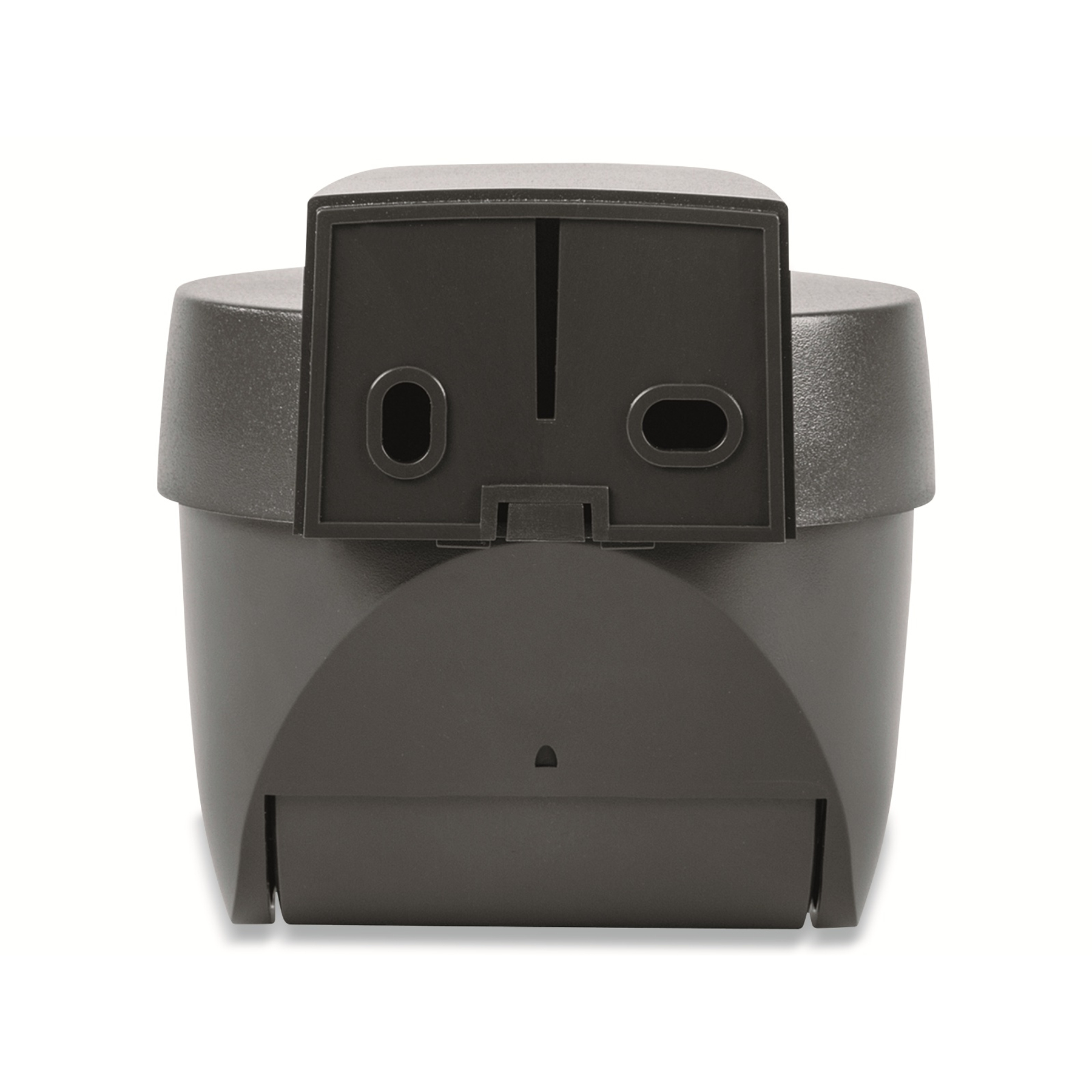 Szary, plastikowy pojemnik z prostokątnym wierzchem i dwoma okrągłymi otworami. Tło jest białe.