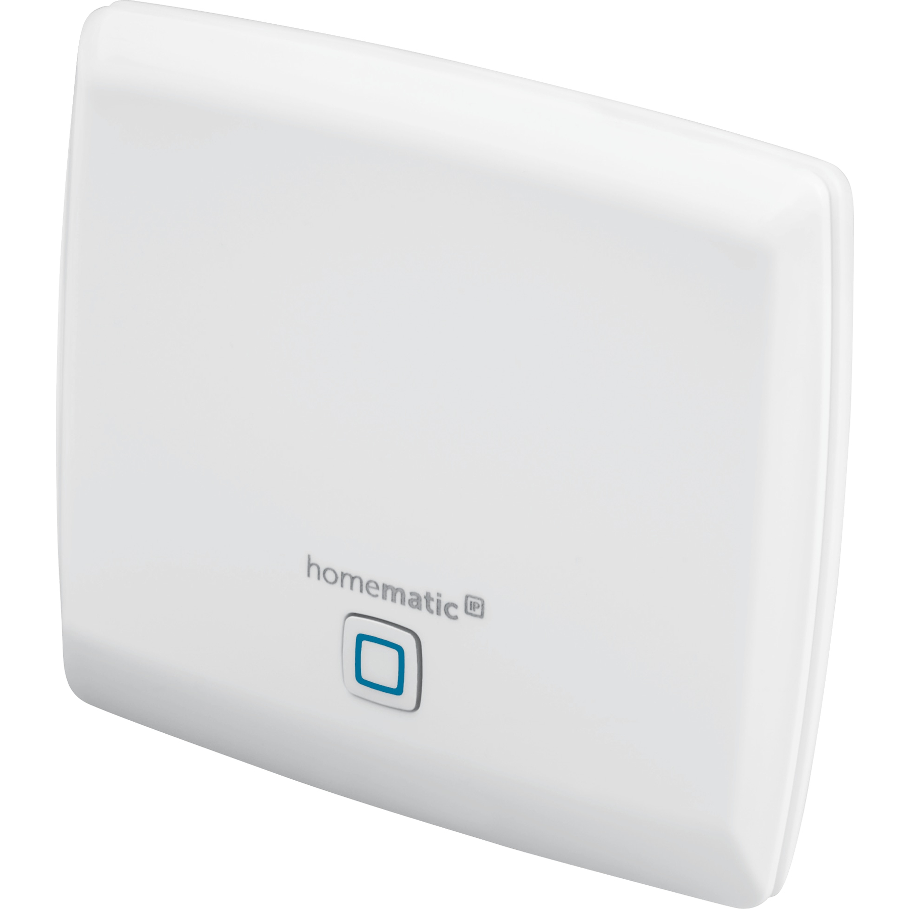 Un dispositivo bianco, rettangolare con angoli arrotondati. Ha un pulsante quadrato con contorno blu e la scritta 'homematic'.