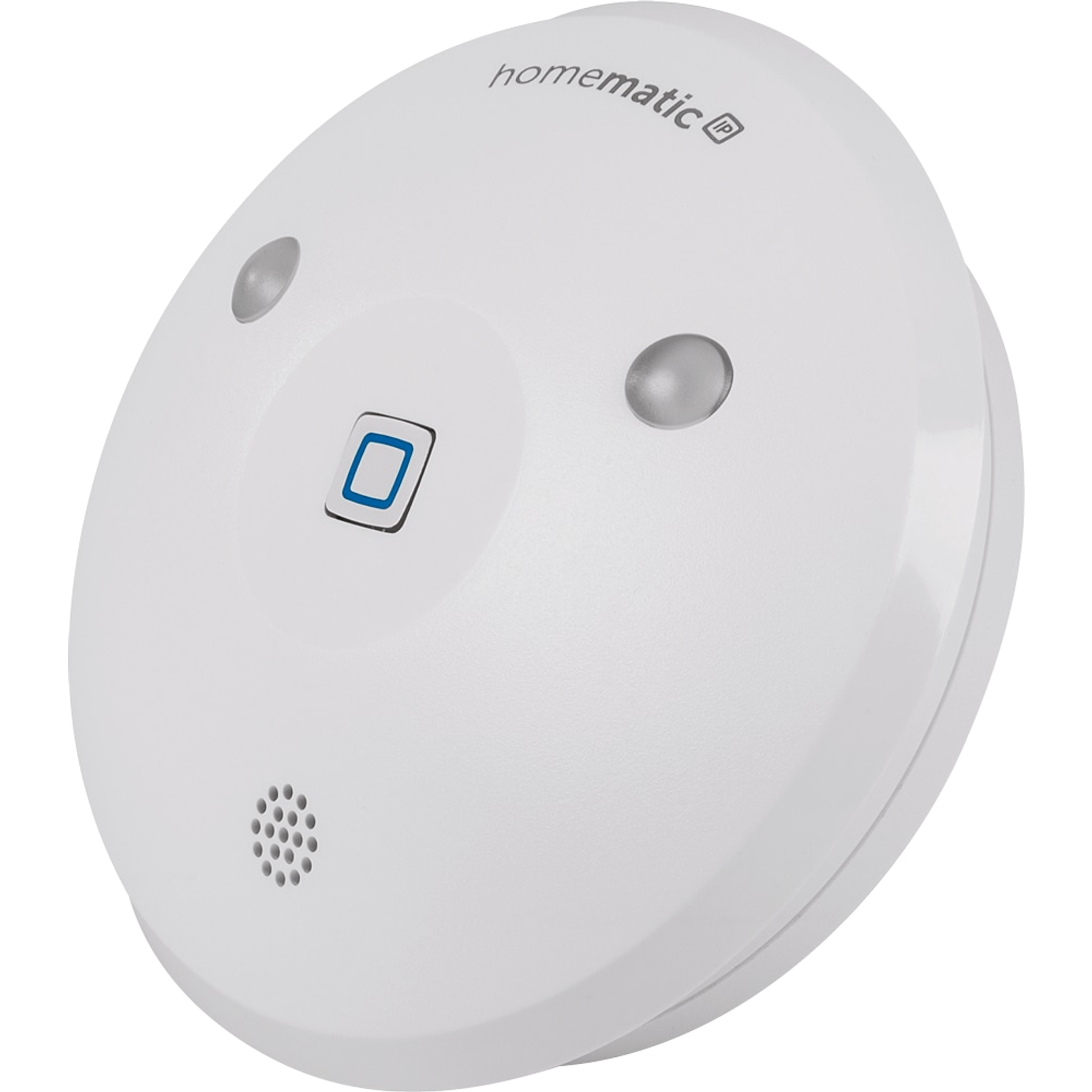 Un dispositivo Homematic bianco e rotondo con due luci grigie, un pulsante con contorno blu e un altoparlante.