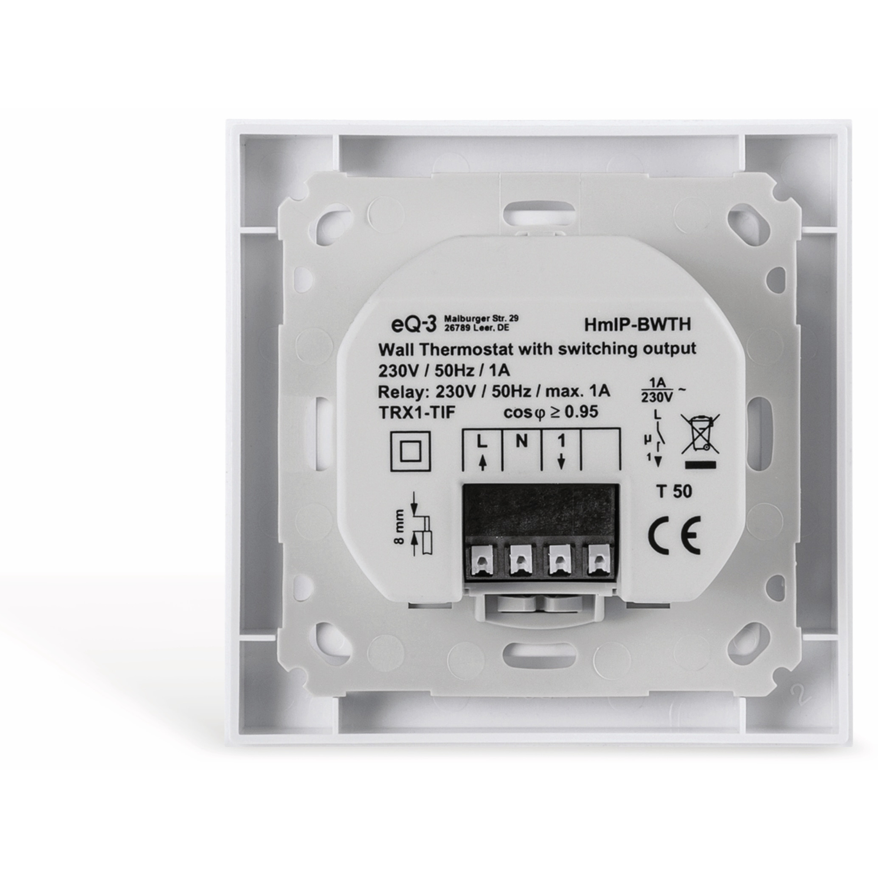 Weißer Wandthermostat mit grauem Mittelteil. Textdetails zum Modell, zur Spannung und anderen technischen Daten.