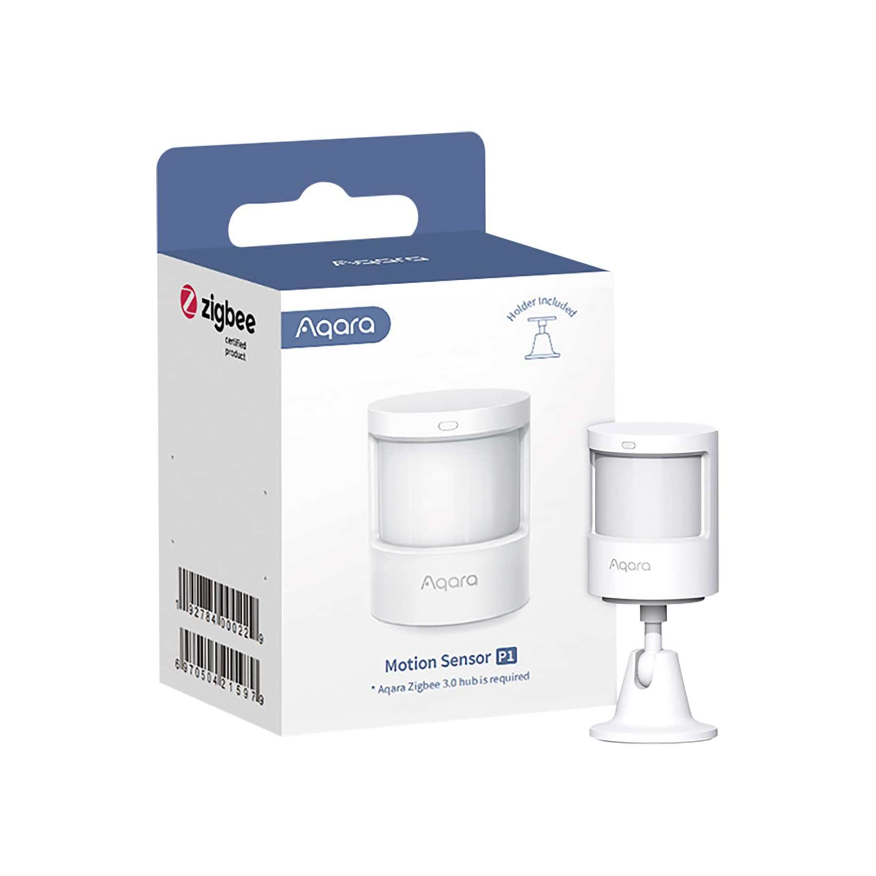 Ein weißer Aqara Motion Sensor P1 mit Box. Die Box hat ein Zigbee-Logo und Produktinformationen. Ein Halter ist enthalten.