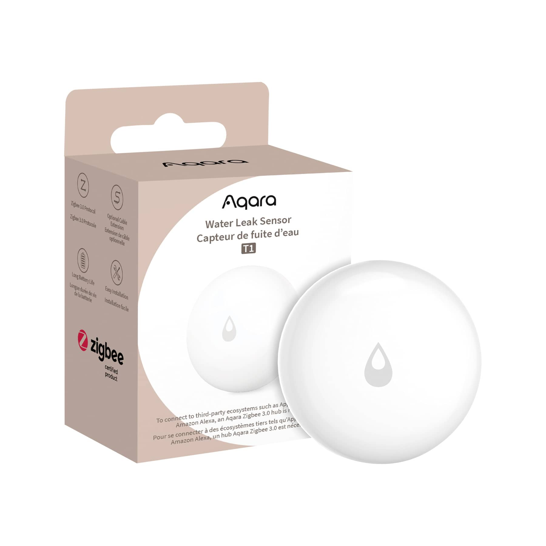 Aqara Wasserlecksensor T1, Box und Sensor. Weißer Sensor mit Wassertropfensymbol. Box zeigt Produktmerkmale.