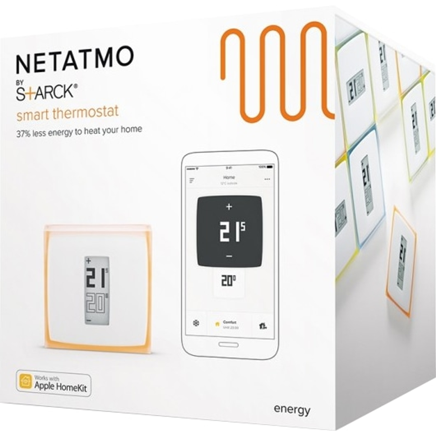 Netatmo Smart-Thermostat-Box. Zeigt Thermostat und Telefon-App mit Temperatur an. Orangefarbene Akzente, Apple HomeKit kompatibel.