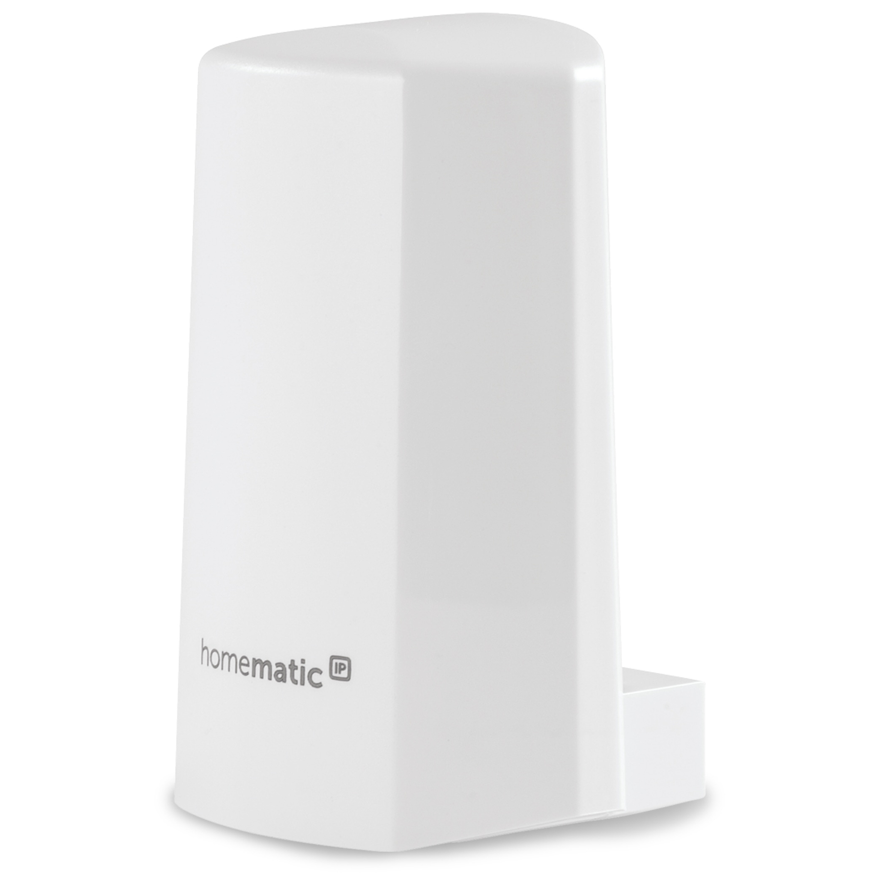 Weißes Homematic IP-Gerät. Rechteckiger Körper mit abgerundeter Oberseite und kleiner rechteckiger Basis. Das Logo ist sichtbar.