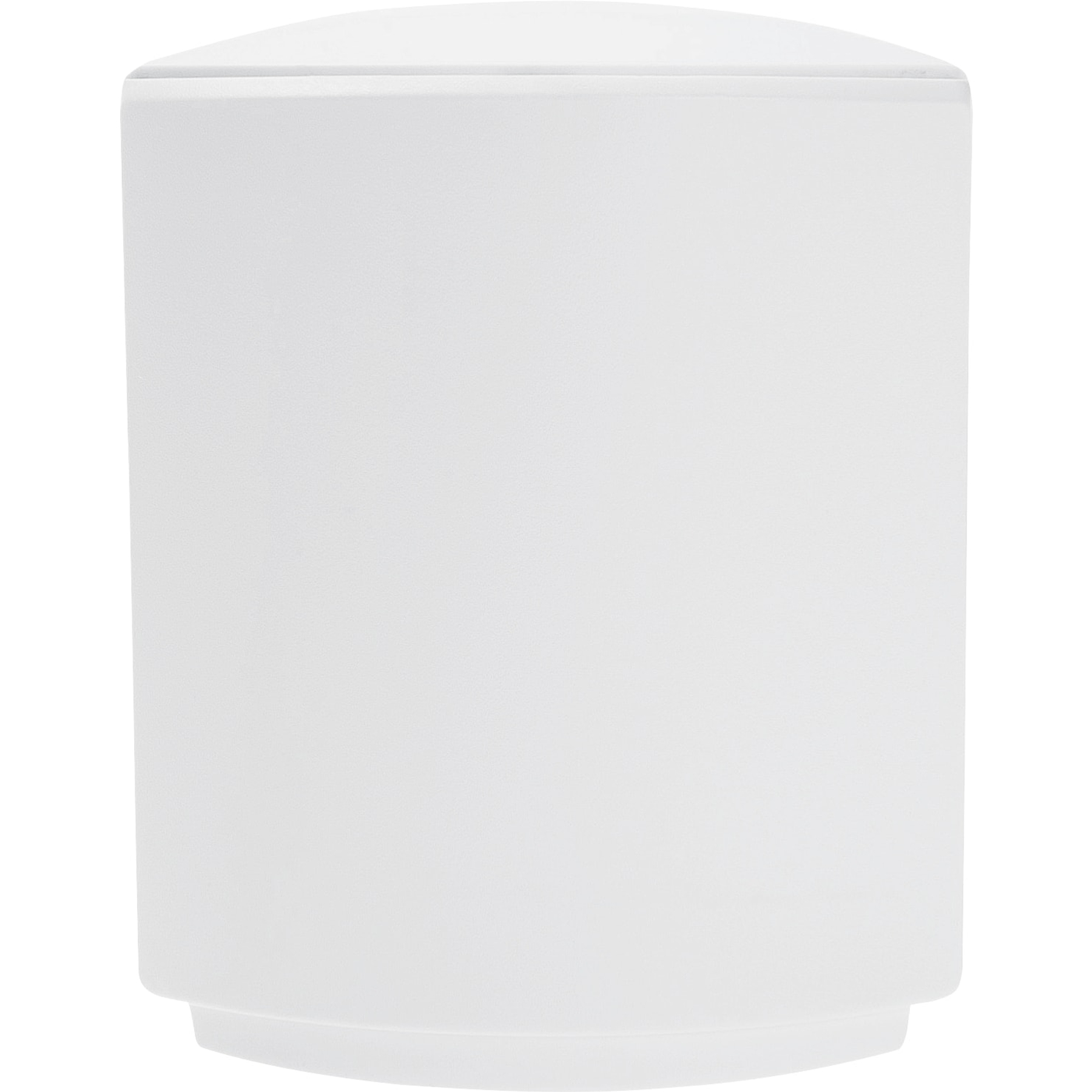Un oggetto bianco, cilindrico, con parte superiore e inferiore arrotondate. È un design solido e semplice su sfondo bianco.