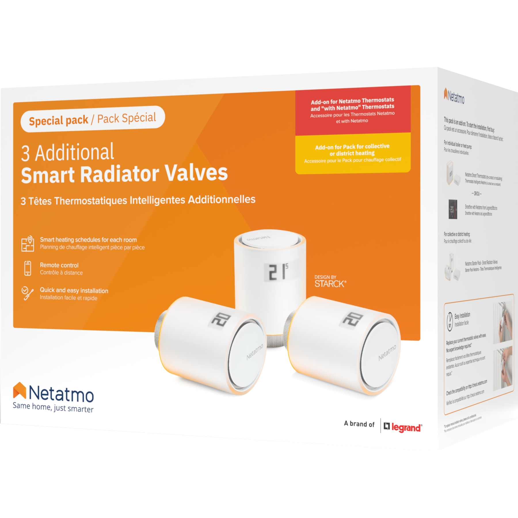 Box with three white smart radiator valves. The box also shows features and the brand name Netatmo.