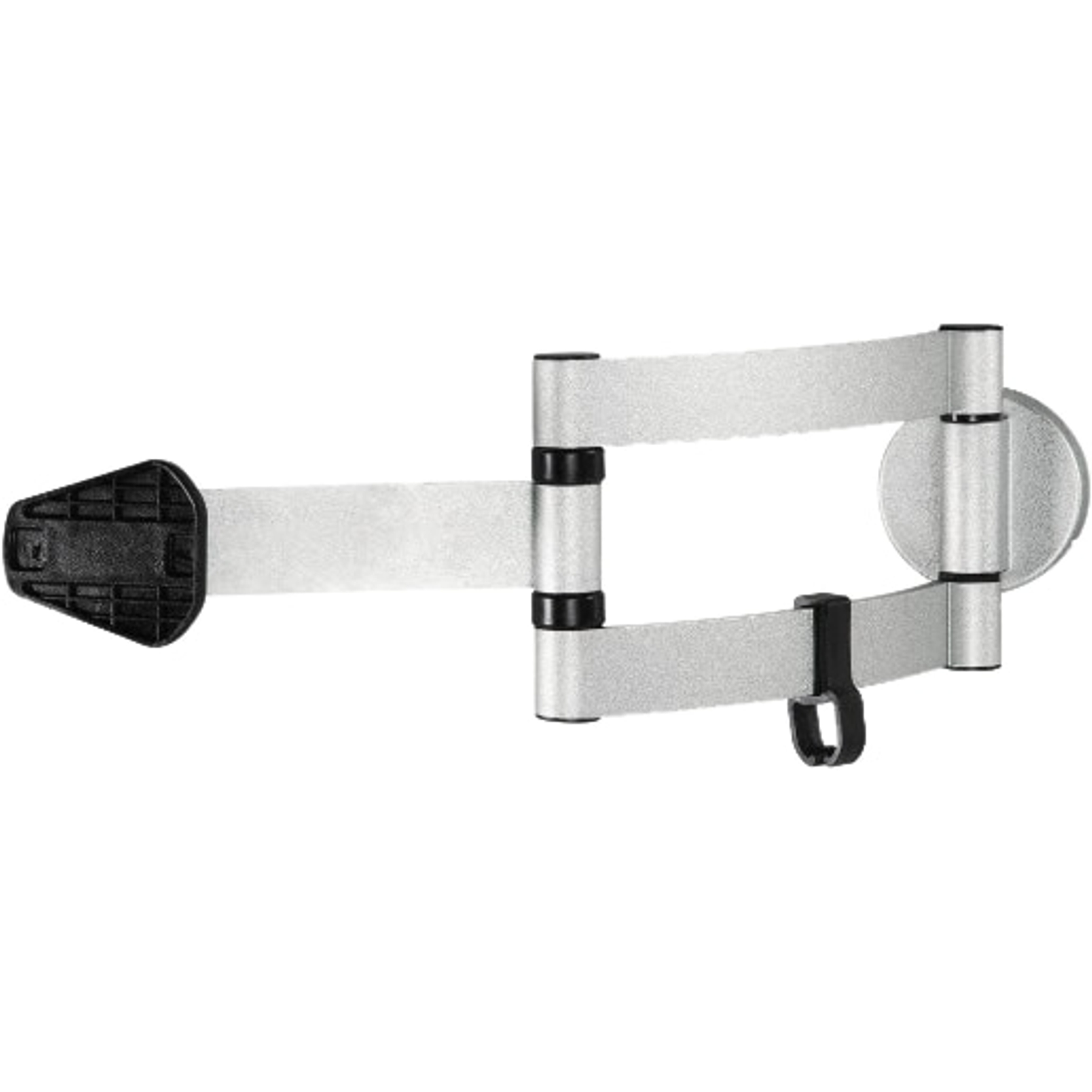 Chowana barierka ze srebrnym korpusem, czarnymi akcentami i czarną podstawą. Bariera rozciąga się w lewo.