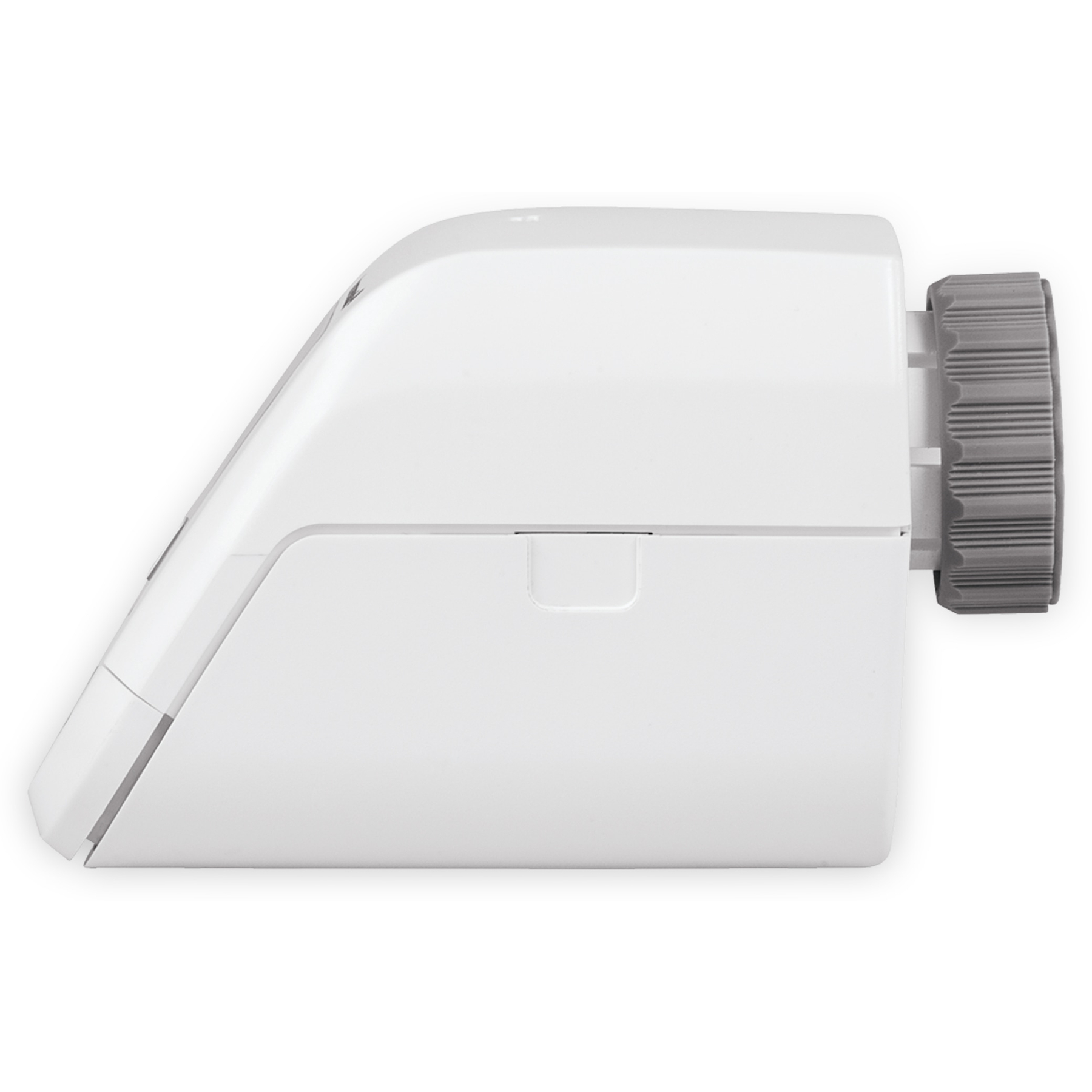 Ein weißes, elegantes Gerät mit einem grauen, strukturierten Drehknopf. Es befindet sich vor weißem Hintergrund.