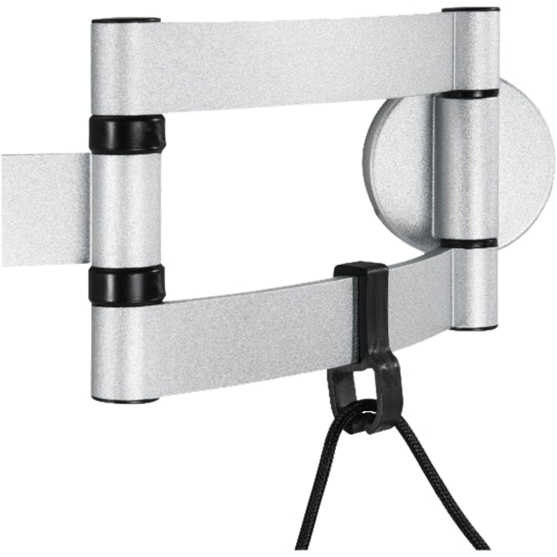 Srebrny regulowany wspornik z czarnymi przegubami i czarnym sznurkiem. Tło jest białe.