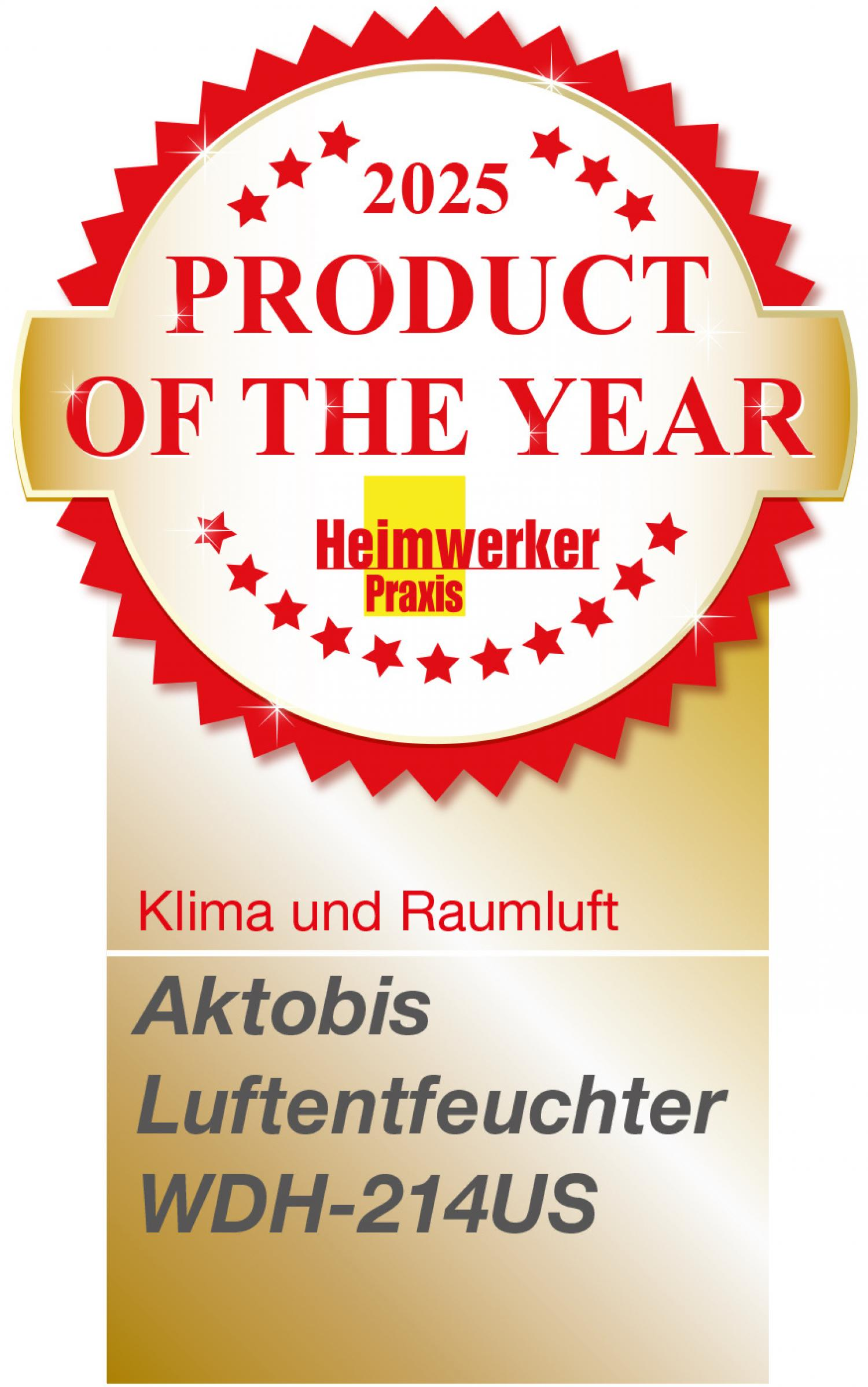 Ein Produktetikett, "Produkt des Jahres 2025", mit Text auf Deutsch. Darunter steht "Aktobis Luftentfeuchter WDH-214US".