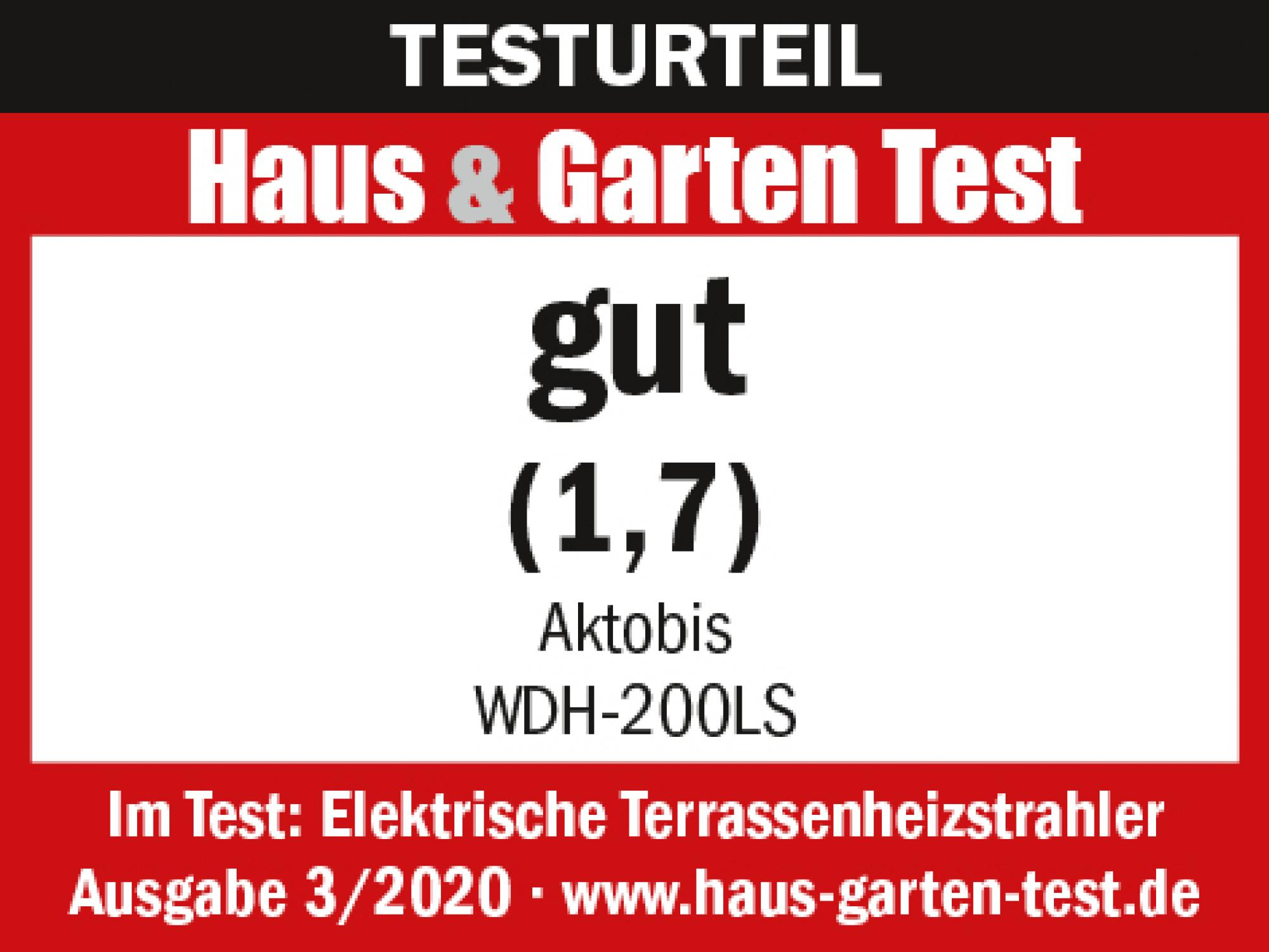 Ein rot-weißes Schild mit 'Haus & Garten Test' und 'gut (1,7)'. Erwähnt Aktobis WDH-200LS und elektrische Terrassenheizstrahler.
