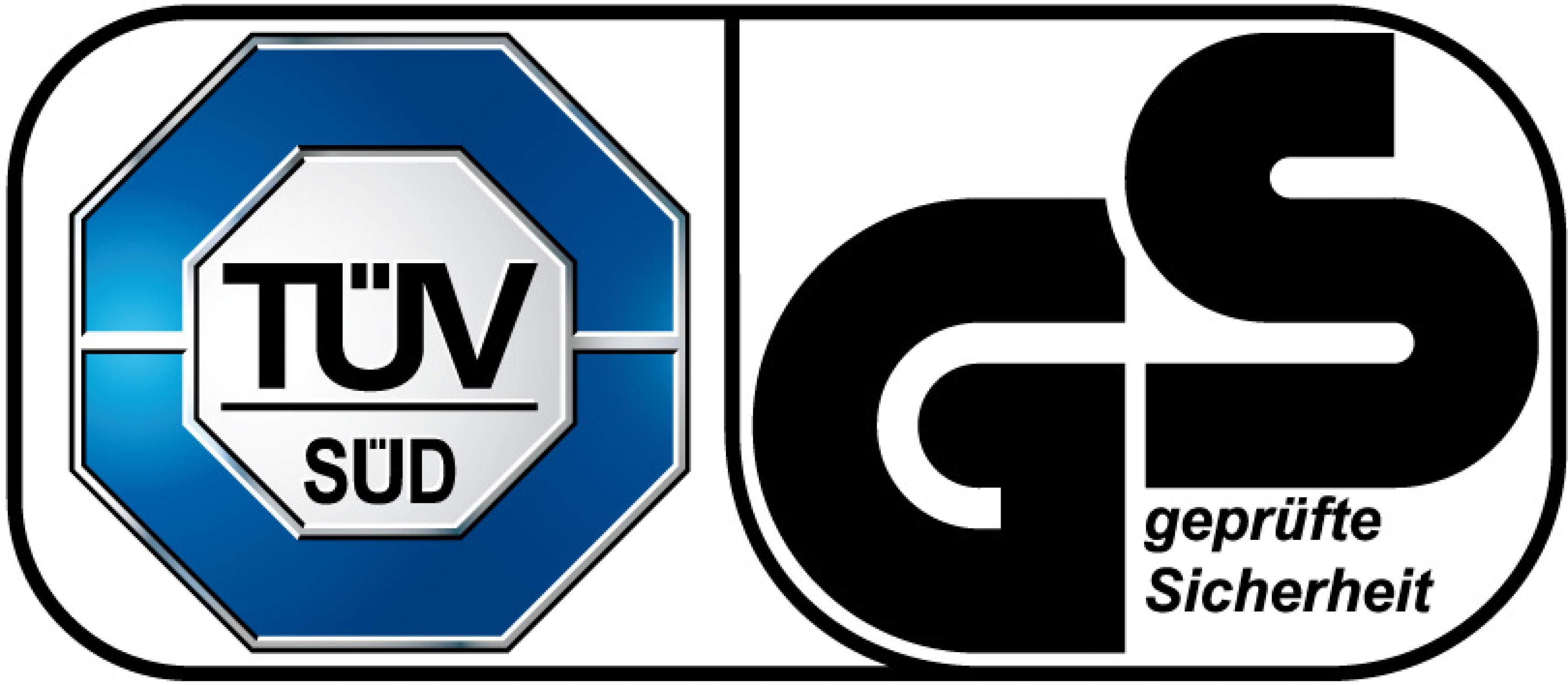 Logo mit zwei Abschnitten: TÜV SÜD in Blau und ein schwarzes GS-Symbol mit Text 'geprüfte Sicherheit'.