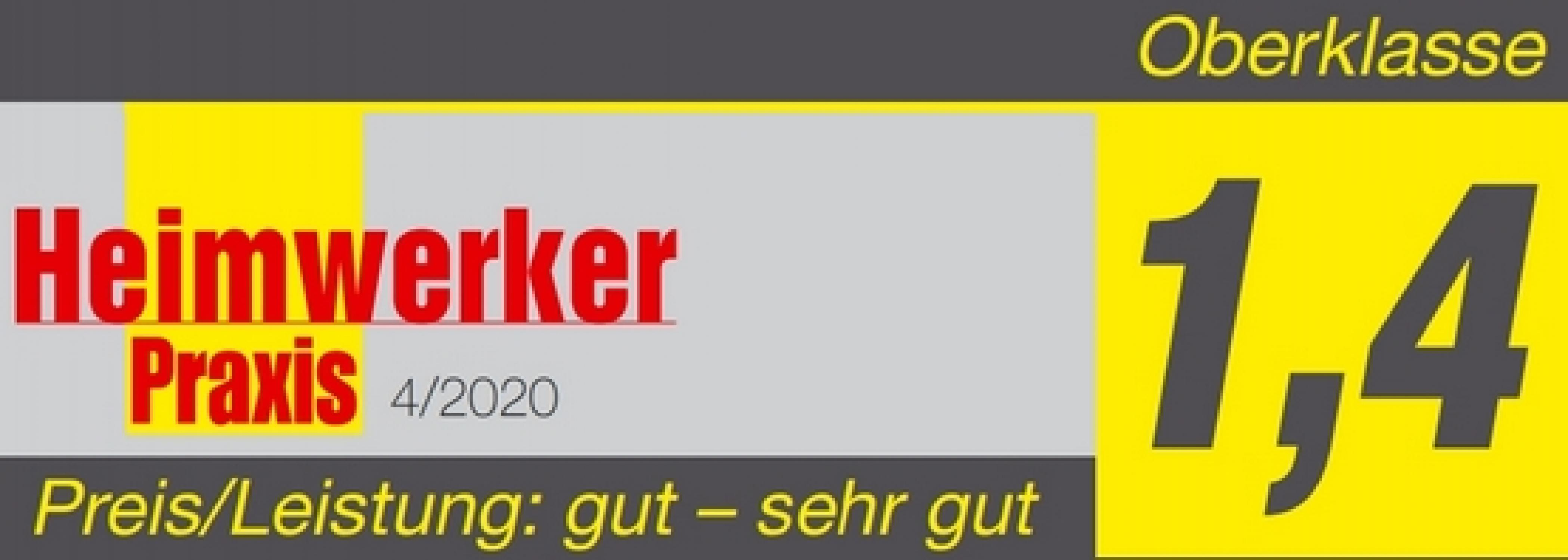 Das Bild zeigt ein Zeitschriften-Cover. Der Titel lautet Heimwerker Praxis, die Bewertung 1,4 und Preis/Leistung ist gut bis sehr gut.