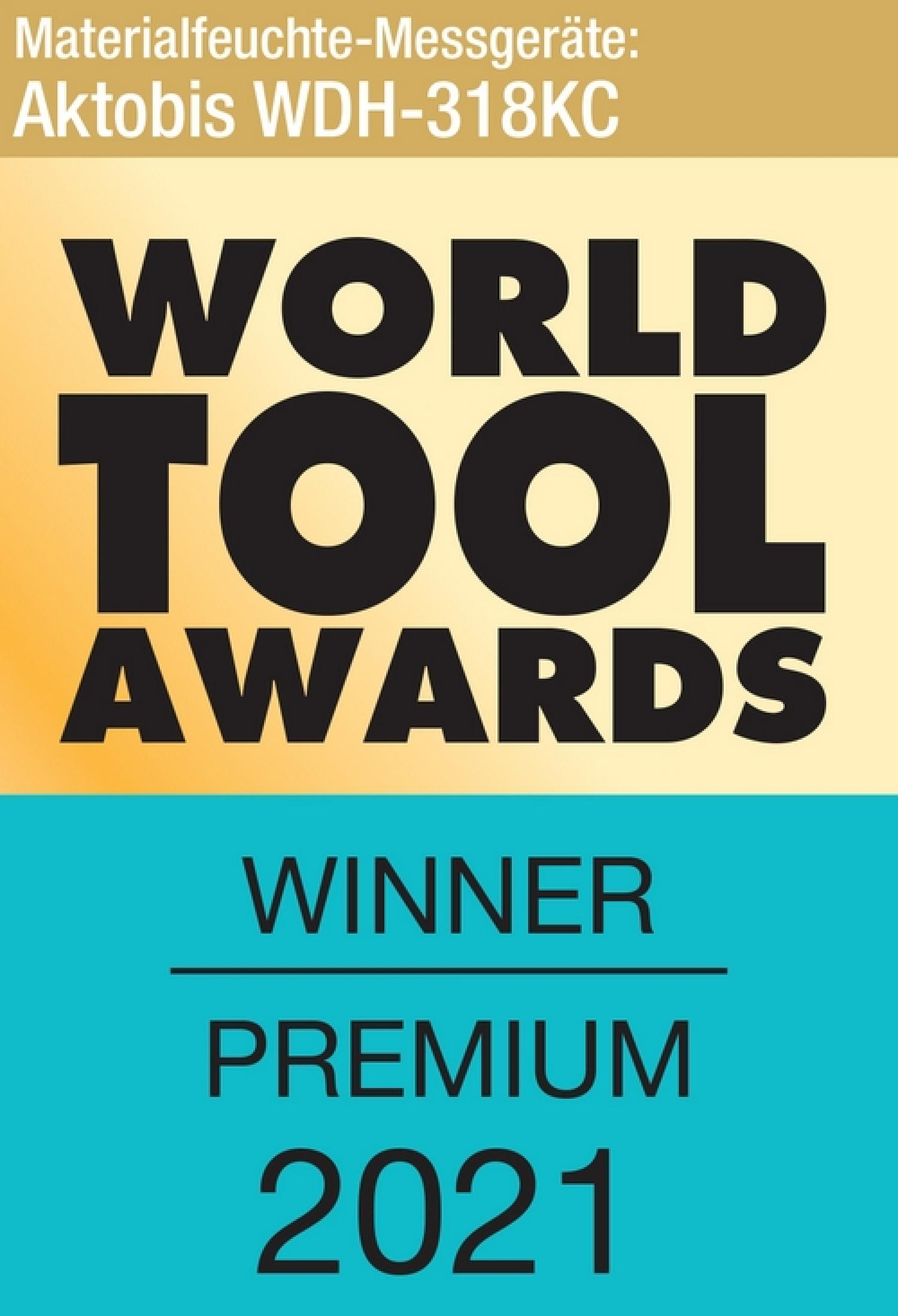 Das Bild zeigt das Logo der World Tool Awards mit 'Winner Premium 2021'. Der Hintergrund ist gold und türkis.